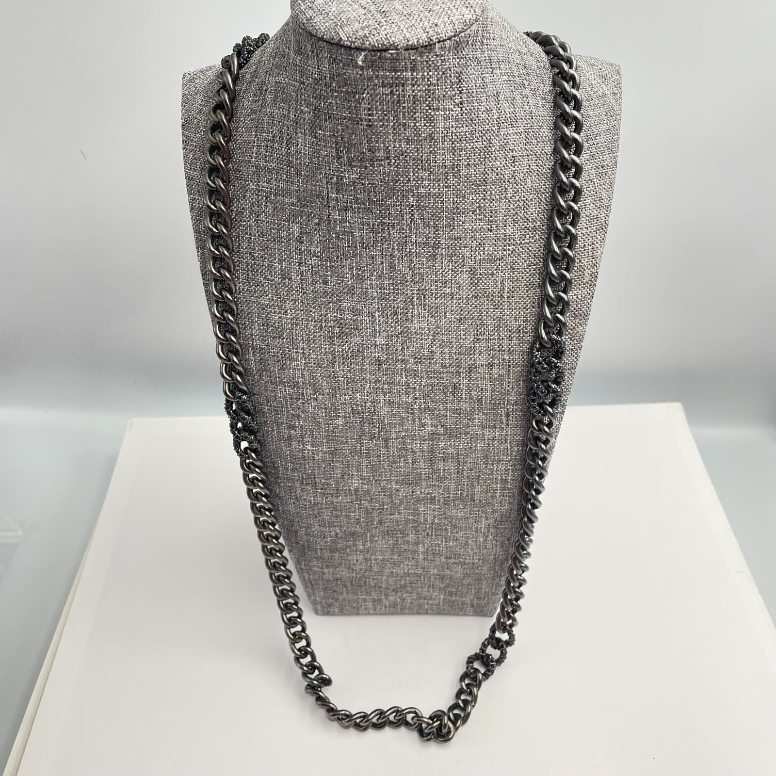 Vintage 90s Y2K Gunmetal Curb Chain Necklace Long Black Rhinestone Boho Jewelry