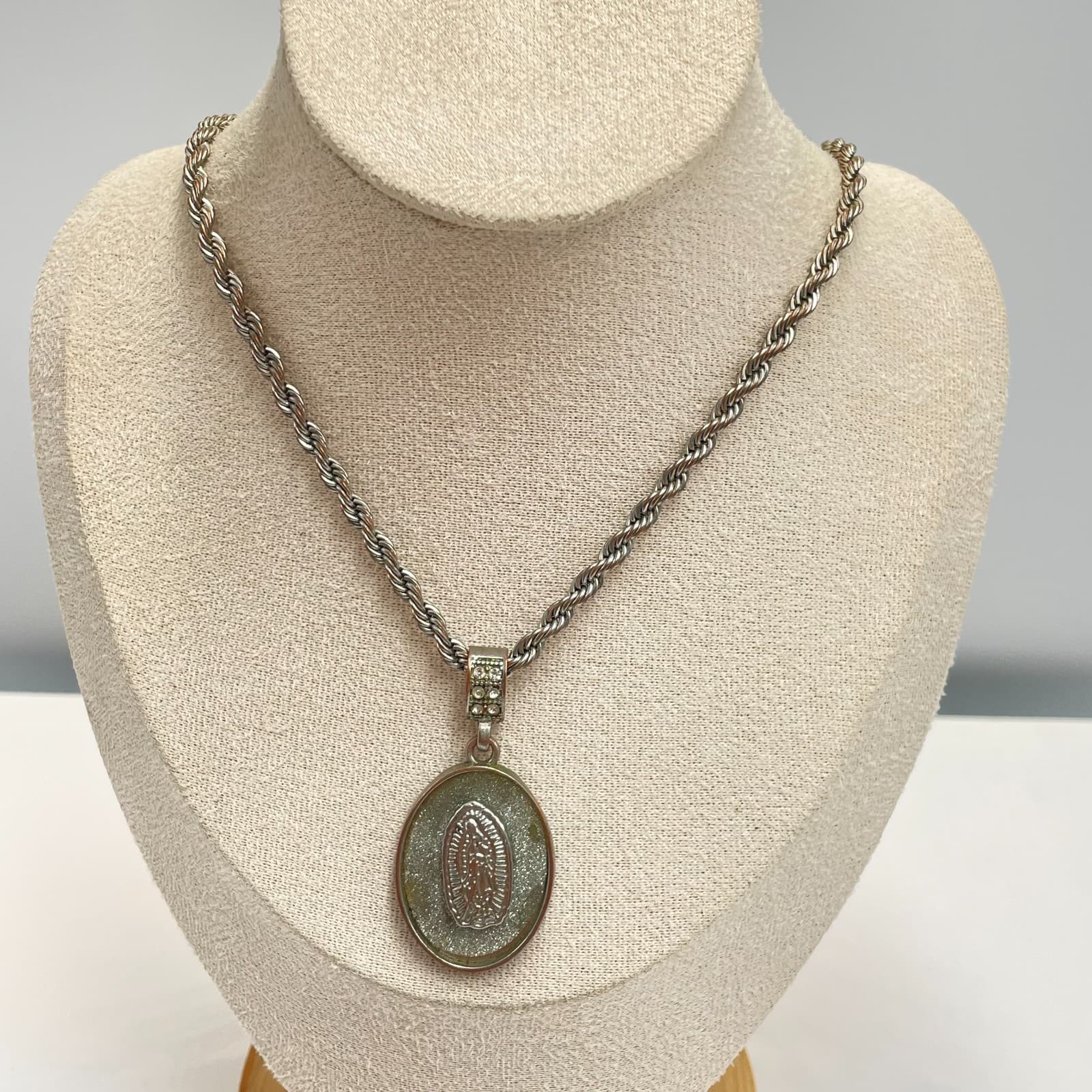 Vintage 90s Our Lady of Guadalupe Pendant Necklace SilverTone Rope Chain Jewelry