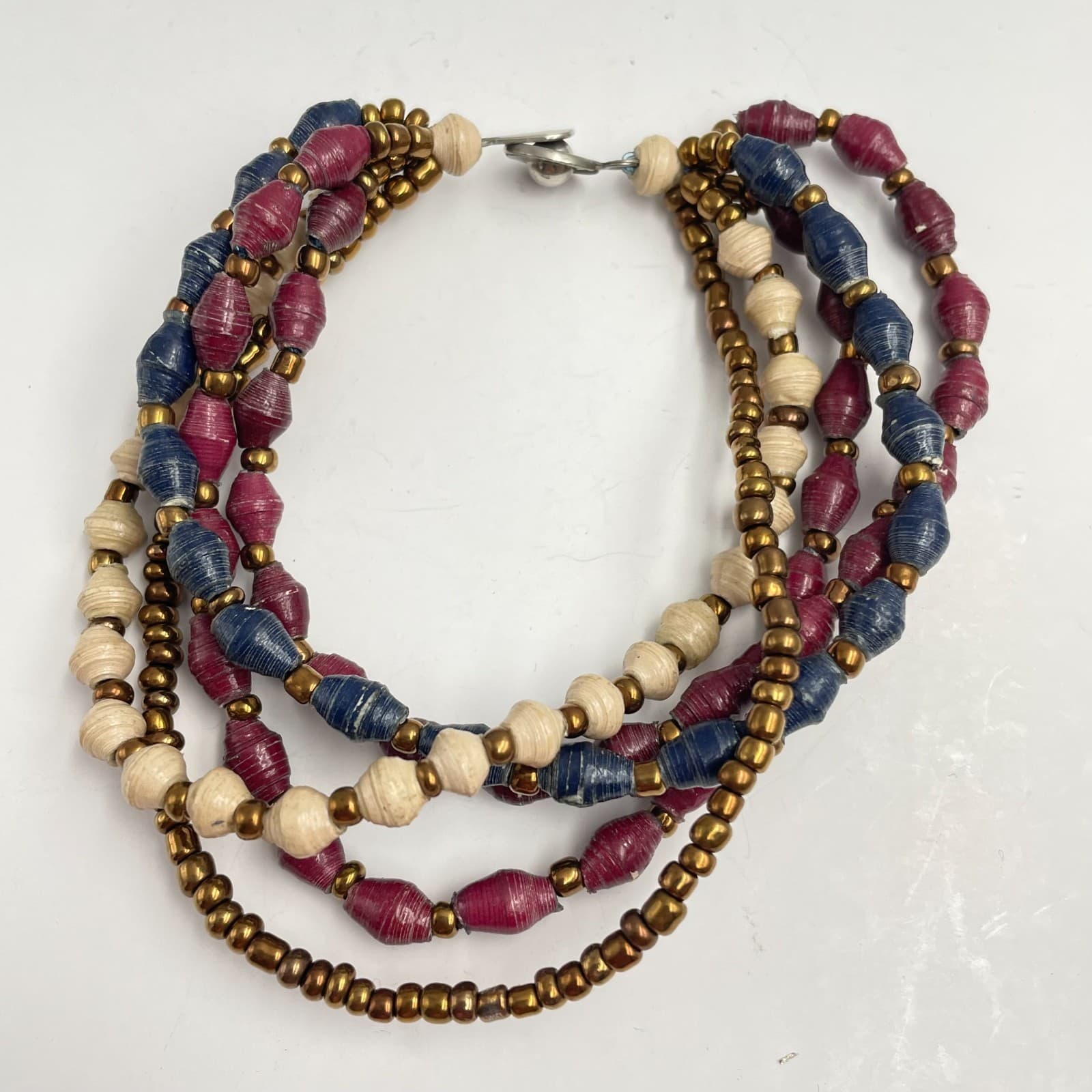 Vintage 90s Multi-Strand Paper Bead Bracelet Gold Tone Classic Boho Jewelry