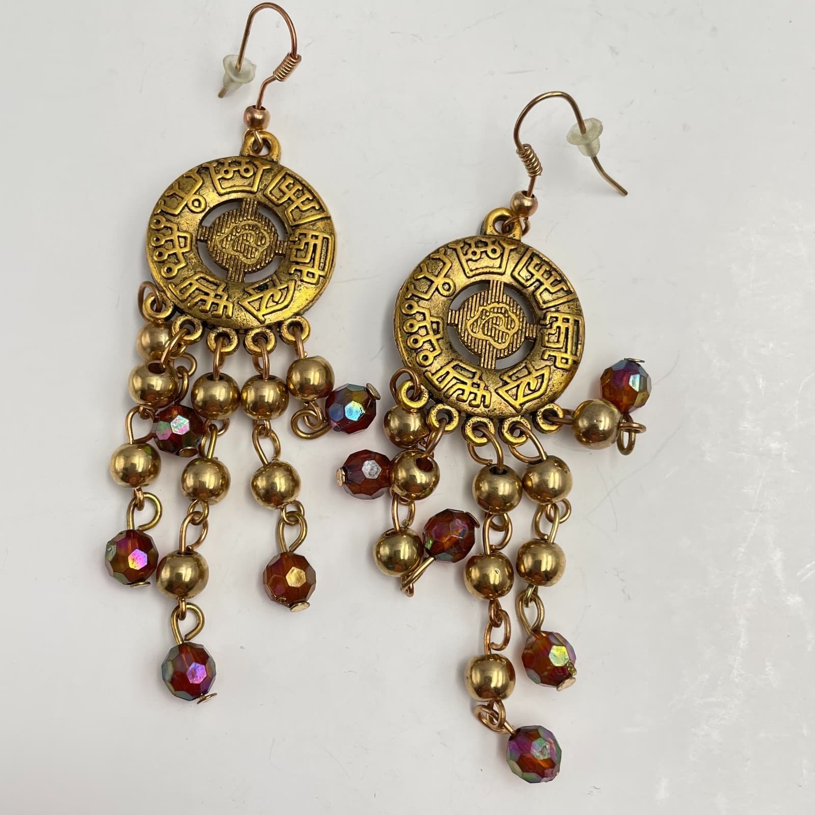 Vintage 90s Gold Tone Aztec Sun Dangle Earrings Iridescent Glass Chandelier Boho
