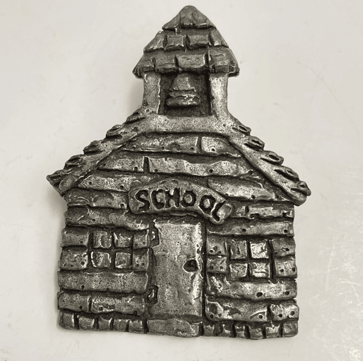 Vintage 80s 90s Sheridan Fine Pewter School House Brooch Pin Classic Jewelry