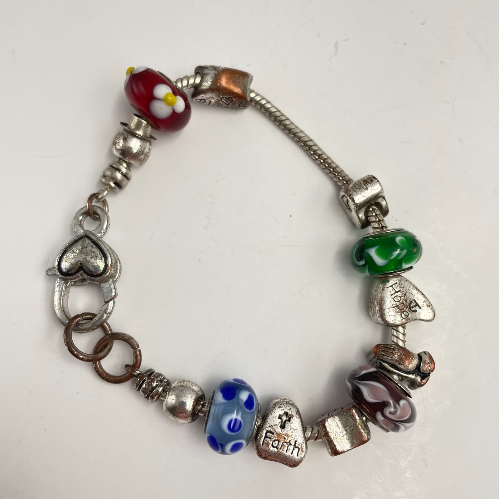 Vintage Y2K Silver Charm Bracelet Beaded Faith Hope Love Religious Jewelry