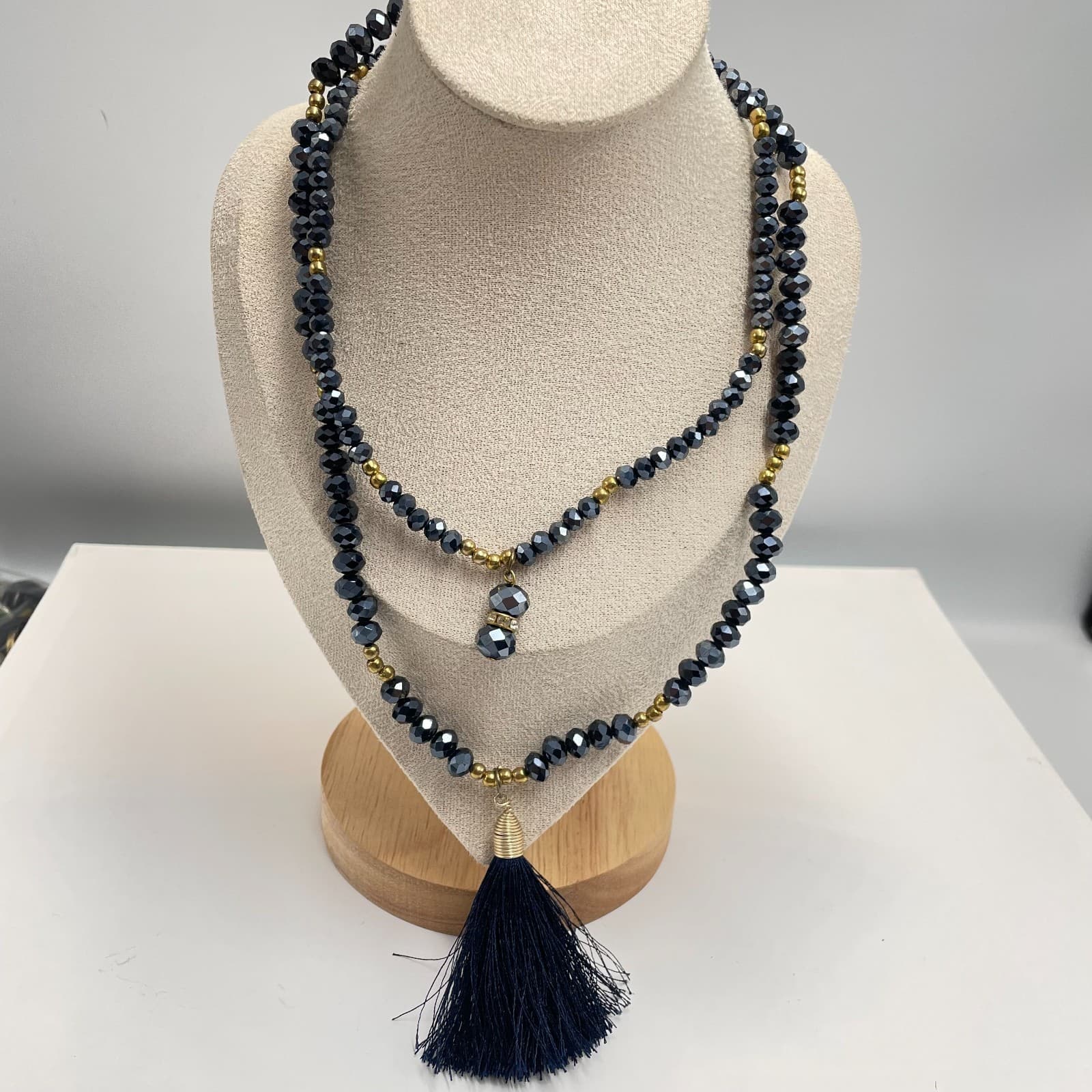 Vintage 90s Double Layer Black Glass Bead Tassel Necklace Gold Tone Boho Estate