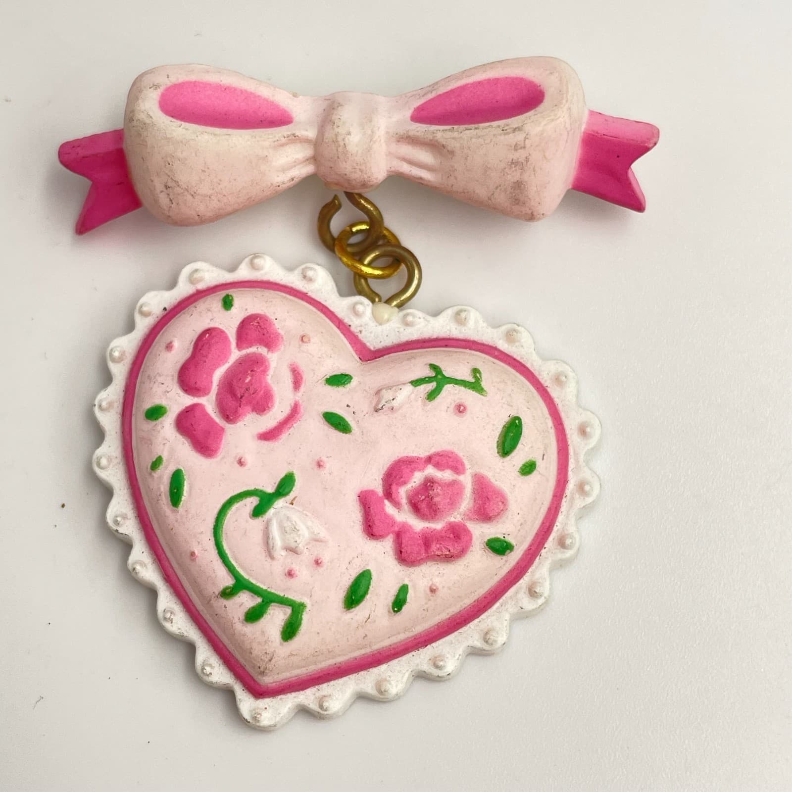 Vintage 90s Floral Heart Scalloped Edge Bow Brooch Pin Statement Women's Jewelry