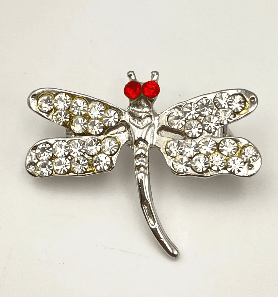 Vintage 90s Silver Tone Dragonfly Brooch Clear Red Glass Wings Fashion Pin