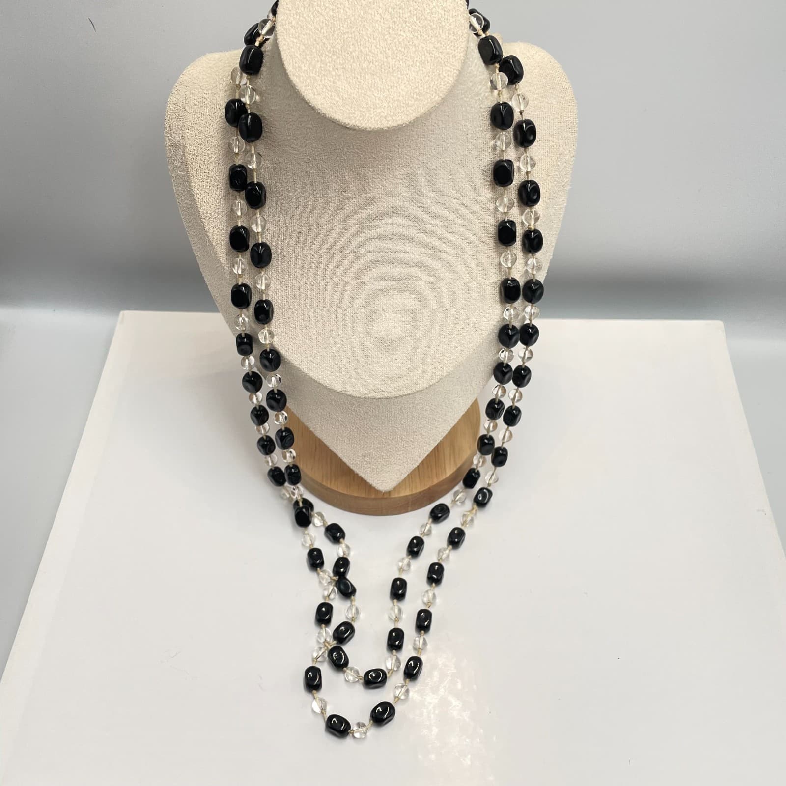 Vintage 90s Black & Clear Glass Bead Flapper Necklace Boho Layering Jewelry
