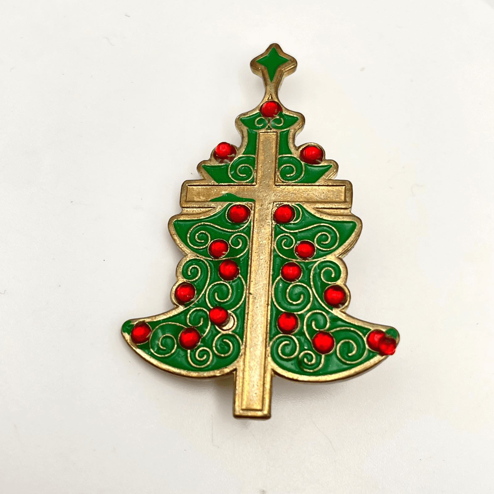 Vintage 90s Christmas Tree Cross Pin Gold Tone Green Enamel Red Glass Brooch