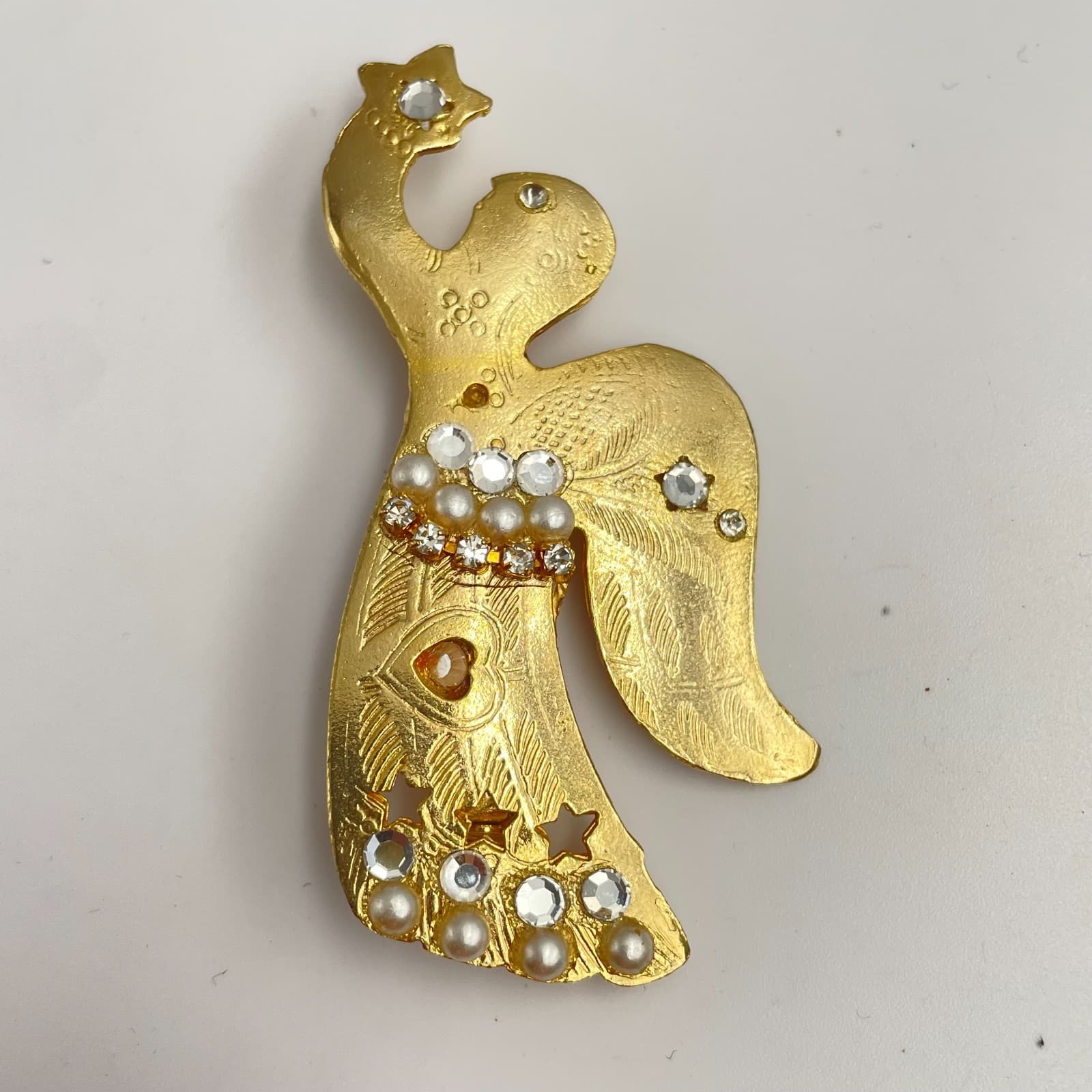 Vintage 90s Gold Tone Angel Brooch Pin Faux Pearl Rhinestone Fashion Jewelry