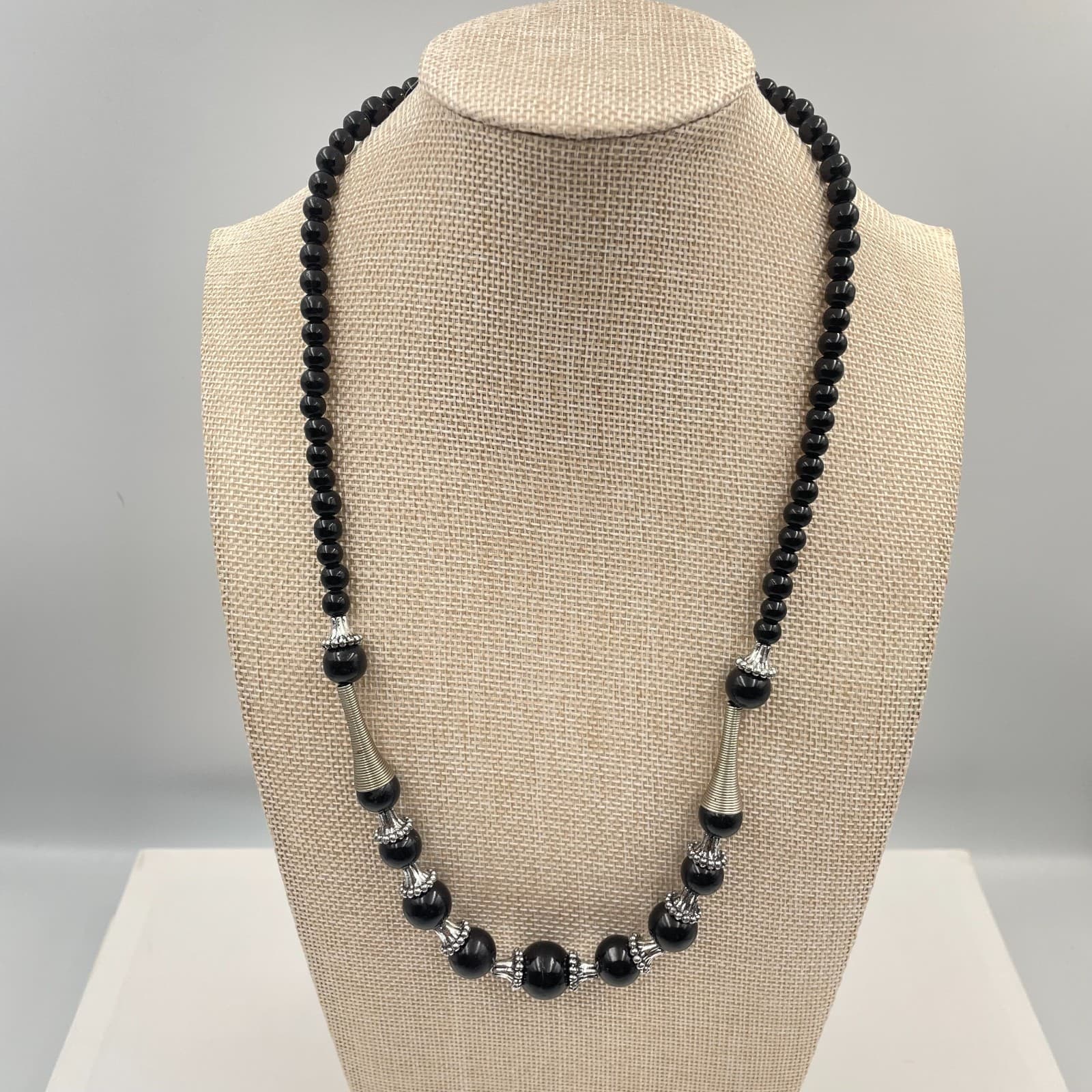 Vintage Black Onyx Glass Bead Statement Necklace Silver Tone Boho Ethnic Tribal