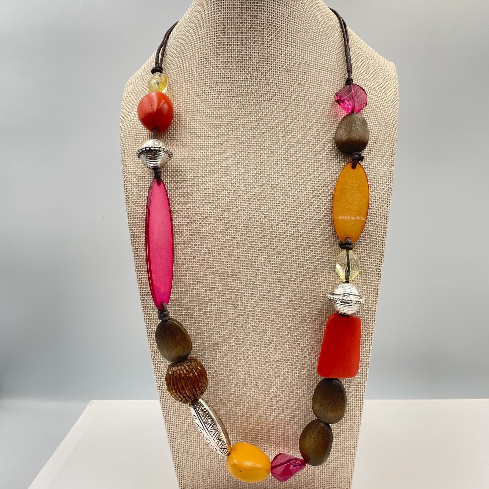 Vtg Boho Statement Necklace Chunky Multi-Color Wood Resin Glass Bead Silver Tone