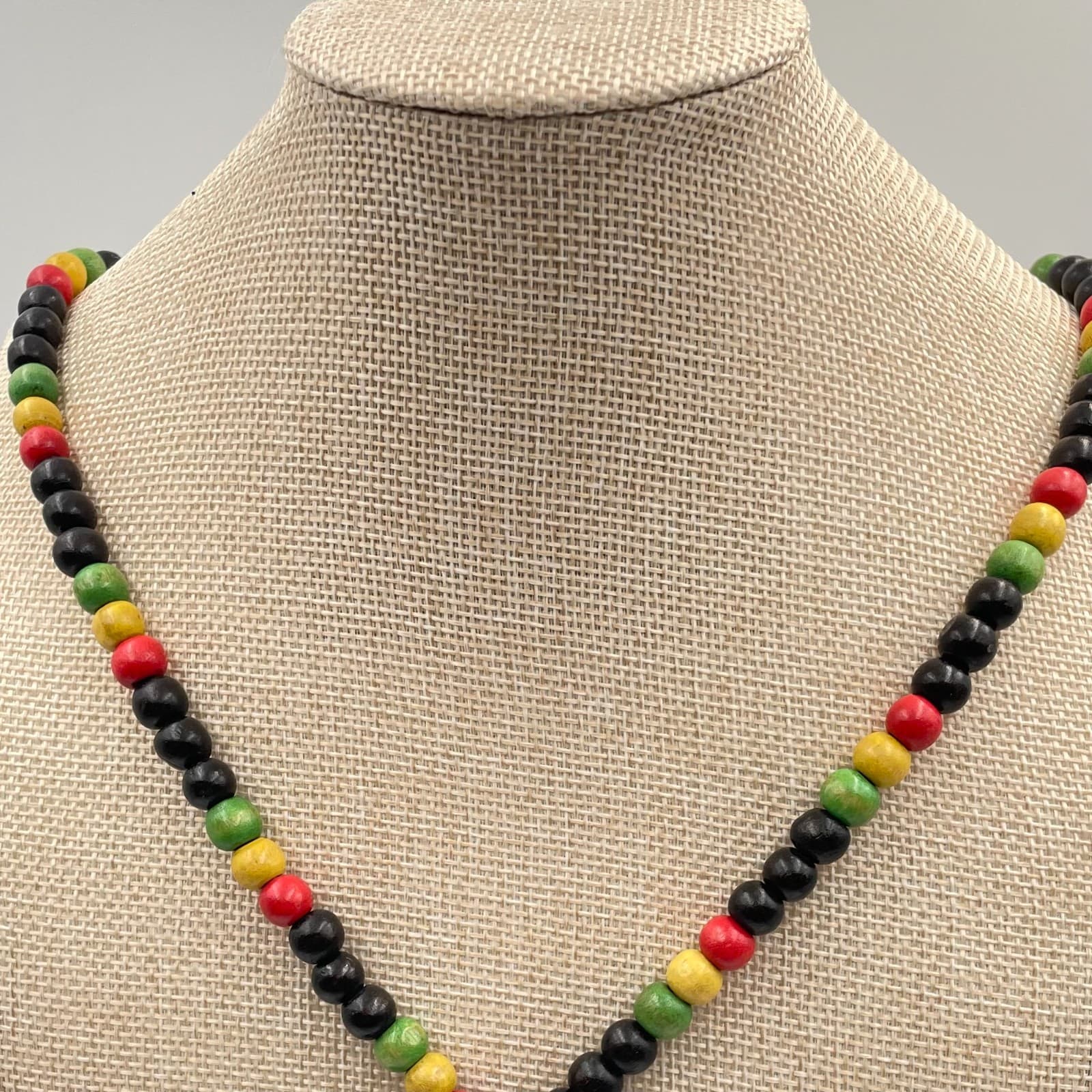 Vintage African Map Pendant Wood Bead Necklace Pan-African Rasta Multicolor