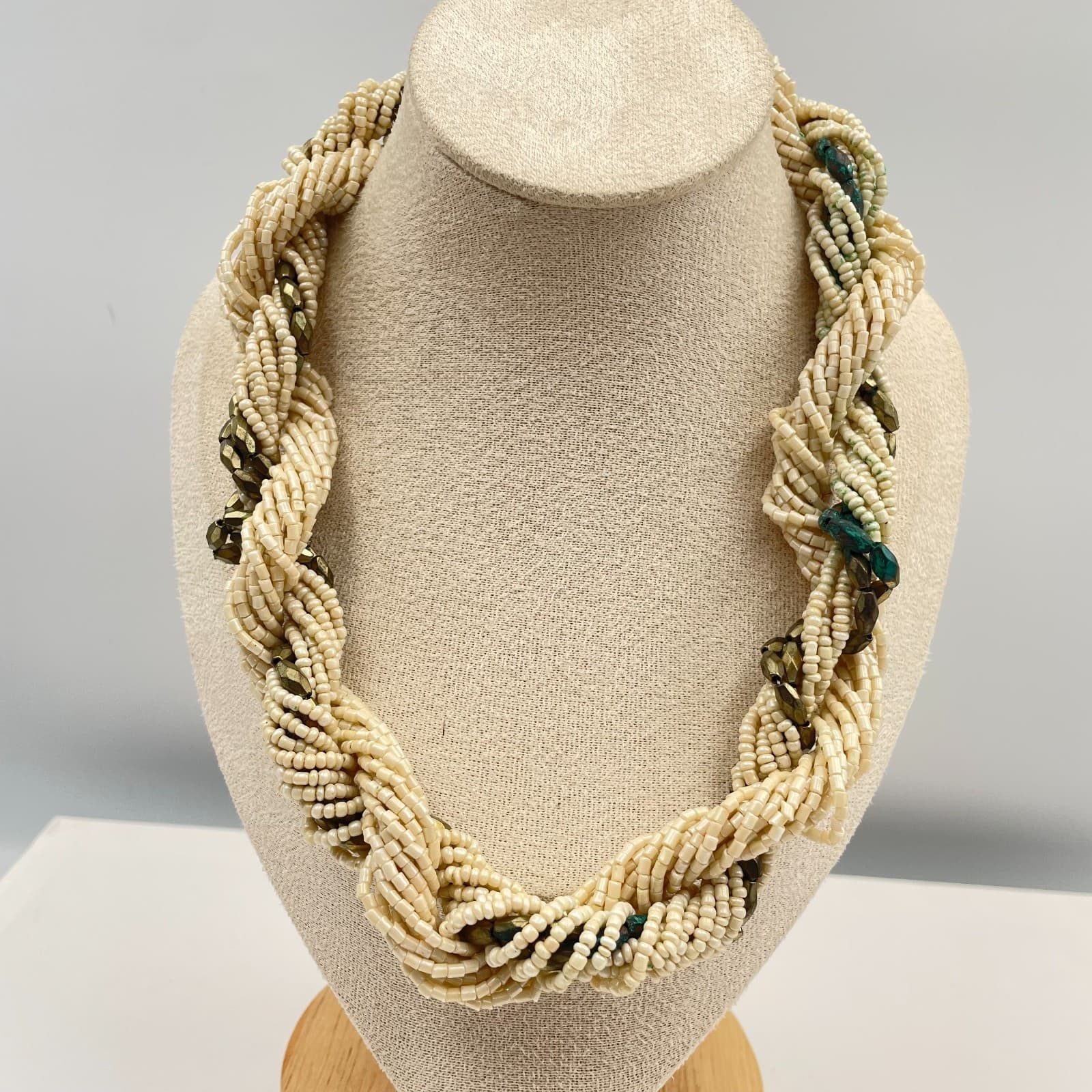 Vintage Multi-Strand Torsade Necklace Cream Seed Bead Boho Chunky Statement