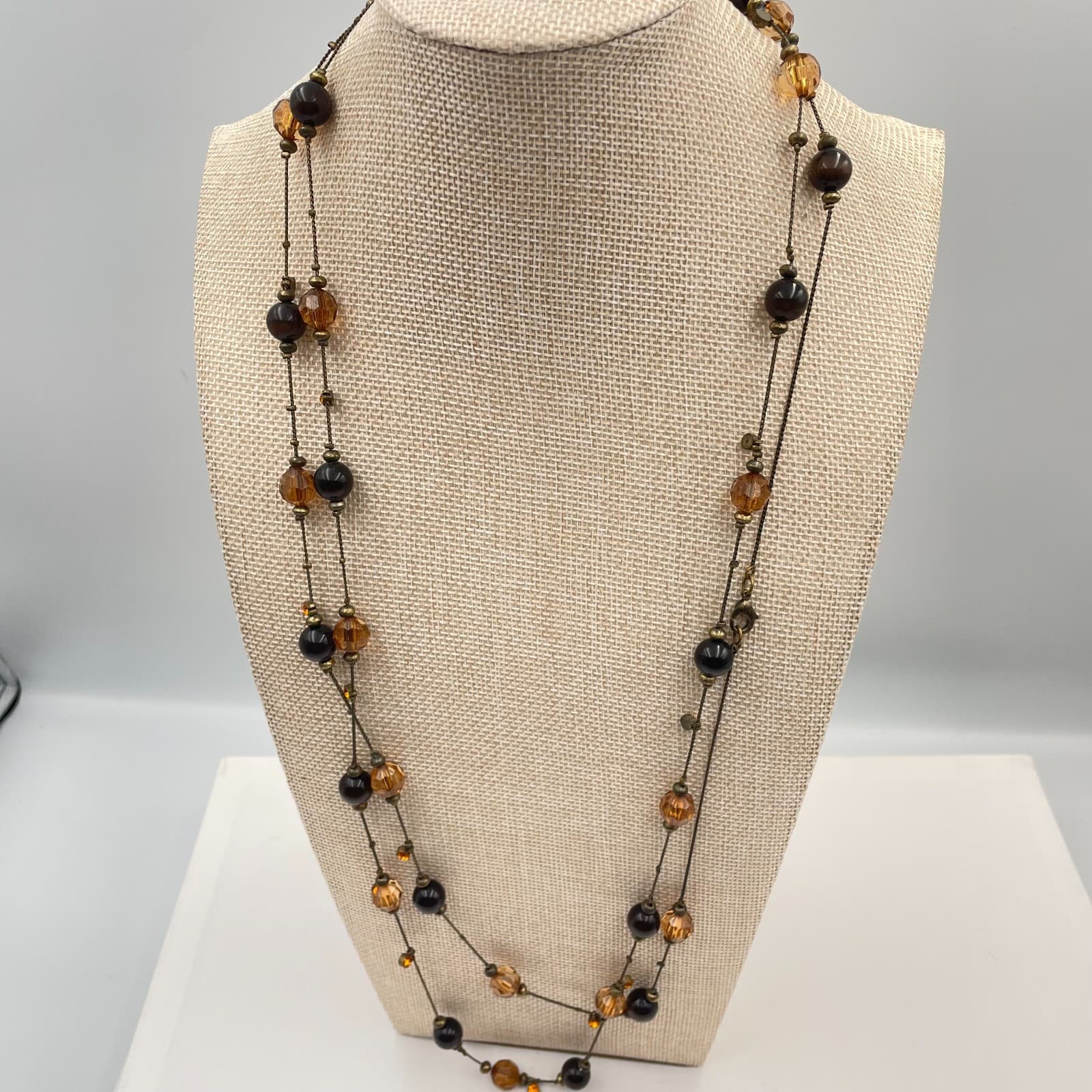 Vtg Long Amber Brown Crystal Beaded Station Necklace Bronze Tone Layering Boho