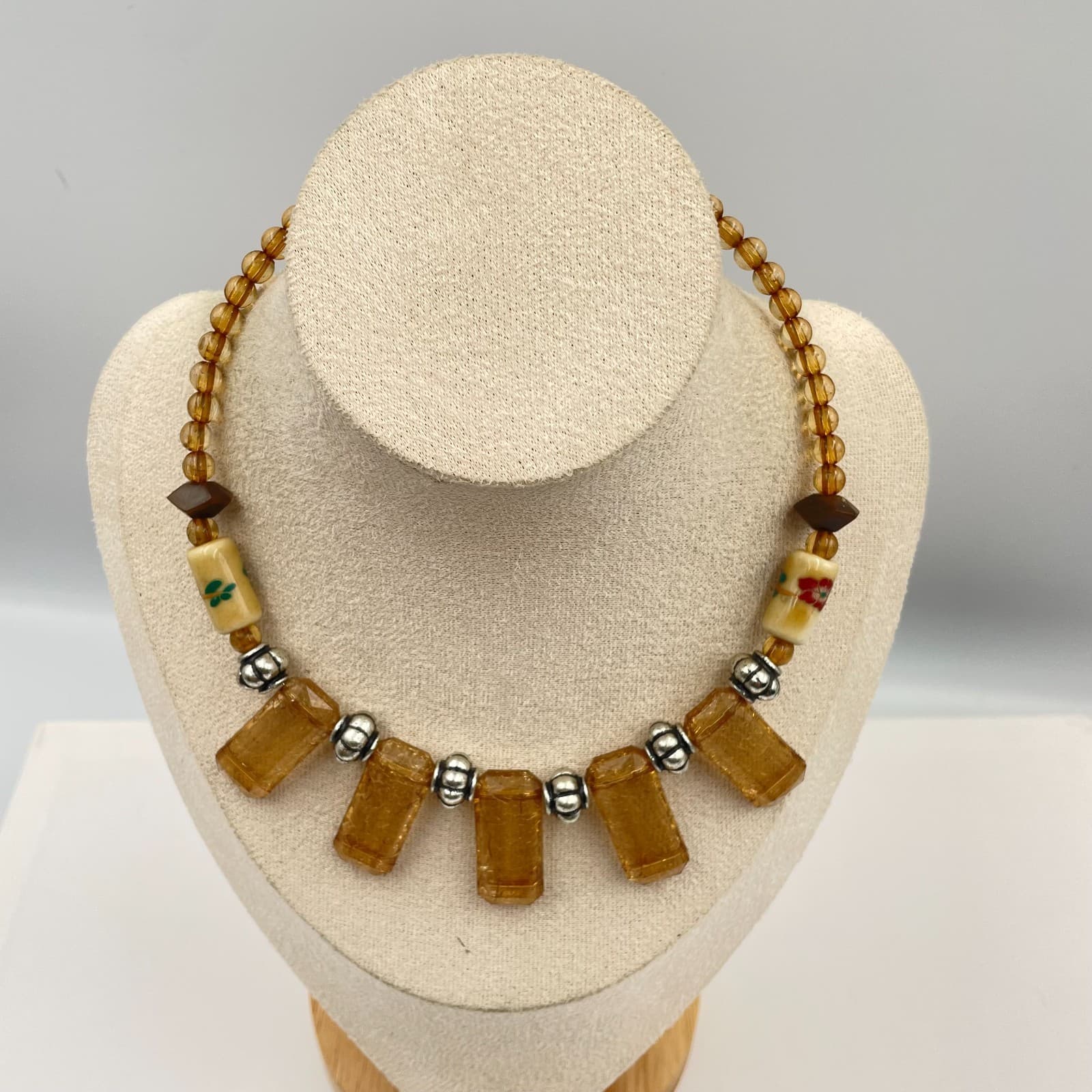 Vintage Statement Necklace Honey Crackle Glass Hand Painted Floral Beads Artisan