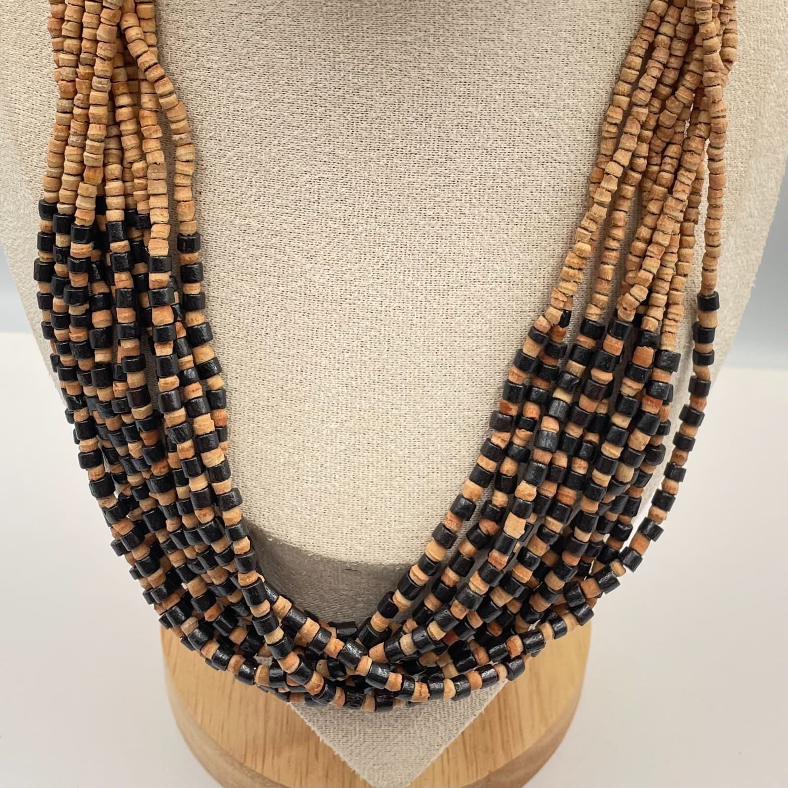 Vtg Multi Strand Wood Bead Necklace Chunky Statement Tribal Black Natural Brown