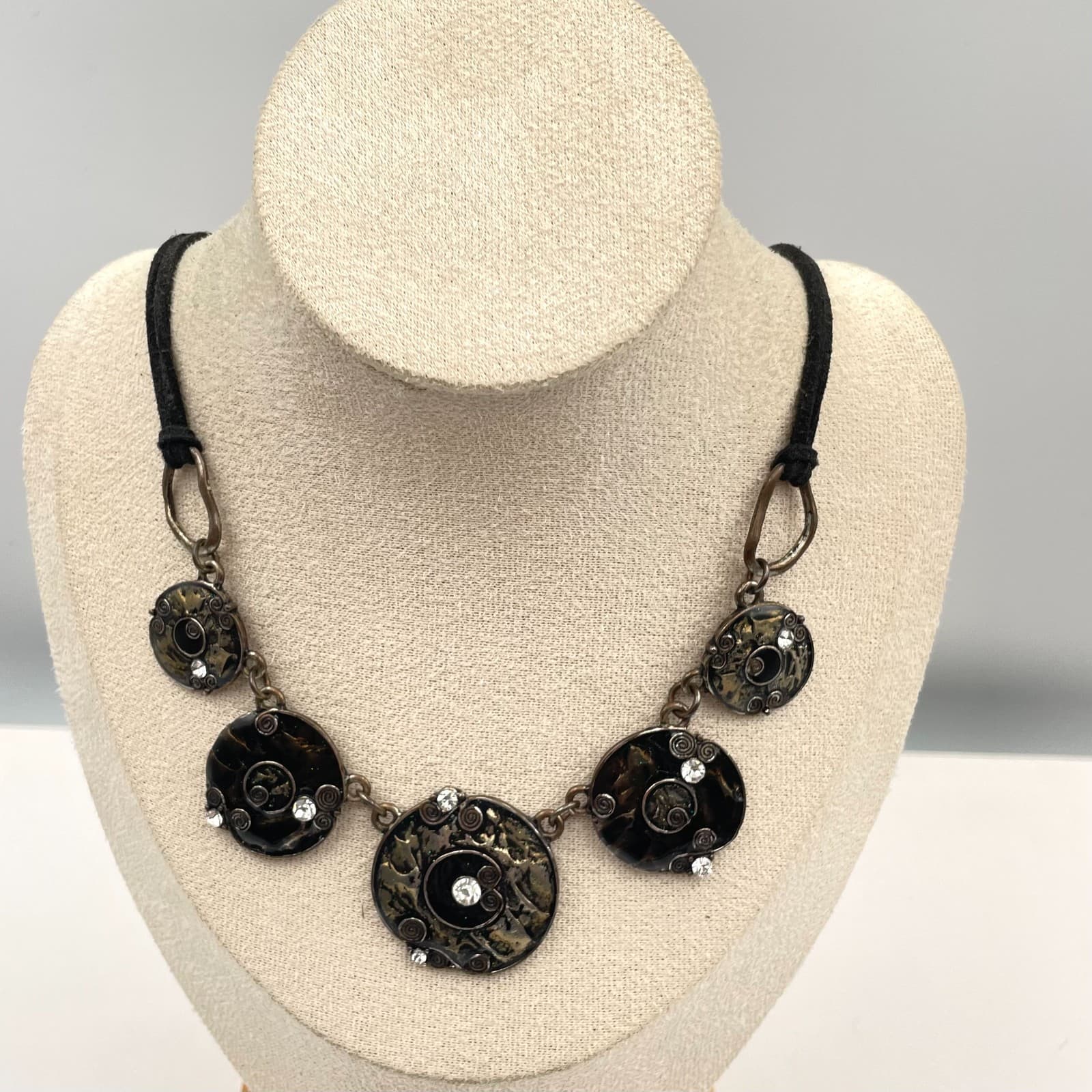 Vintage Boho Statement Necklace Mixed Metal Black Enamel Rhinestone Suede Cord