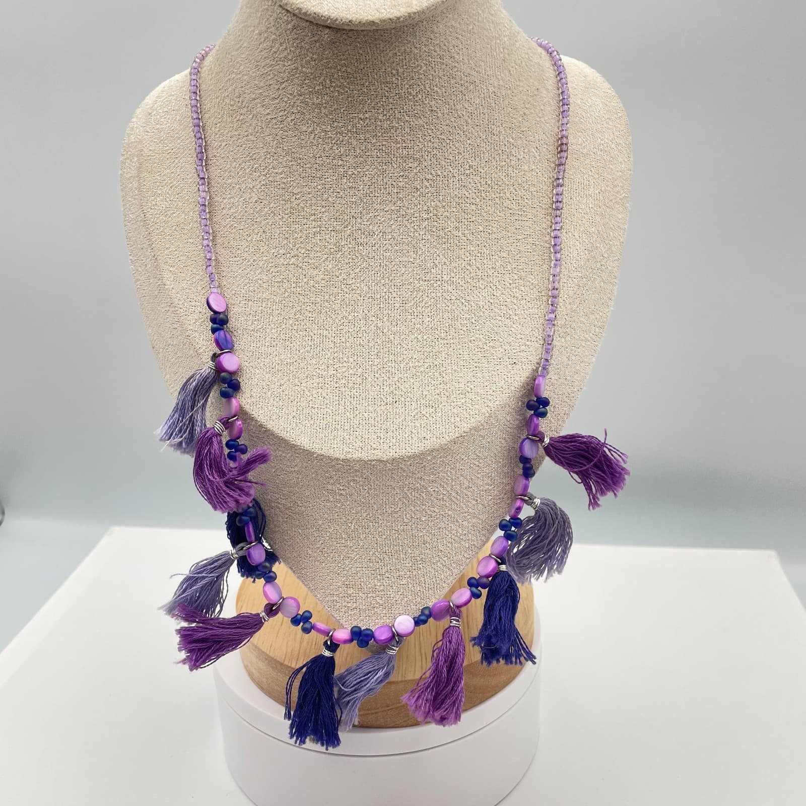 Vintage 90s Purple Beaded Tassel Necklace Boho Retro Women's Classic Jewelry