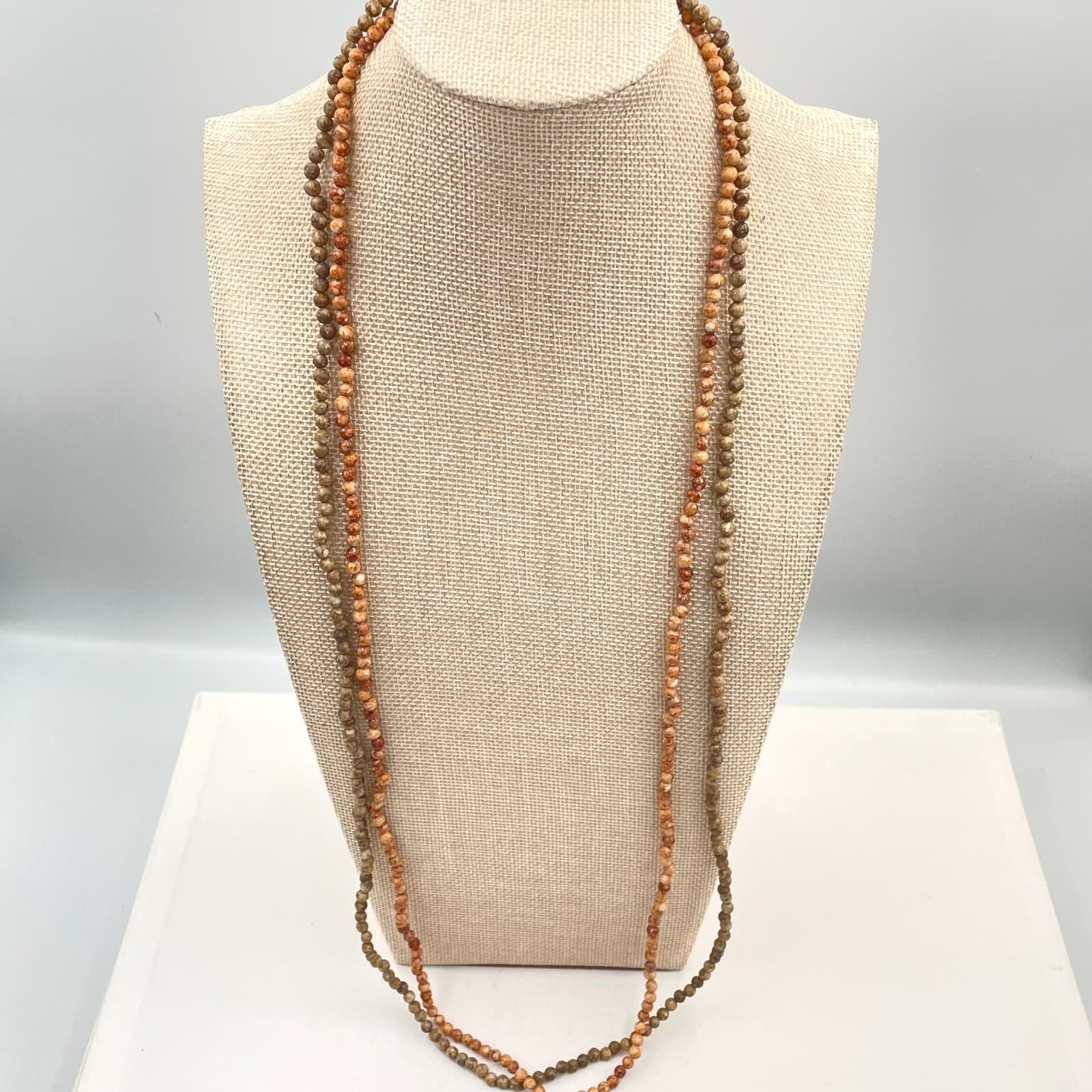 Vtg Double Strand Jasper Beaded Necklace Earth Tone Natural Stone Boho Layering