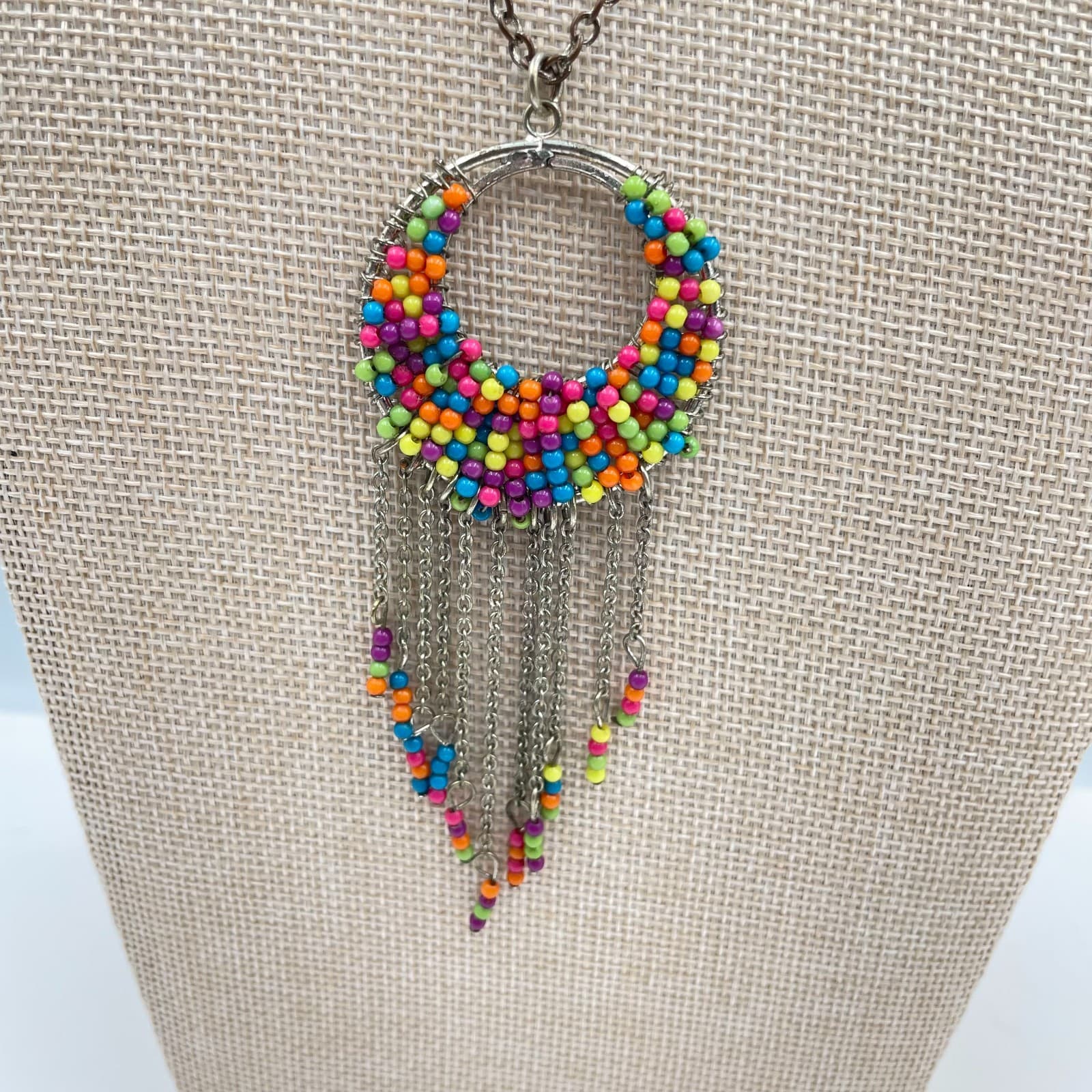 Vtg Boho Multi-Color Seed Bead Circle Fringe Tassel Necklace Silver Tone Chain