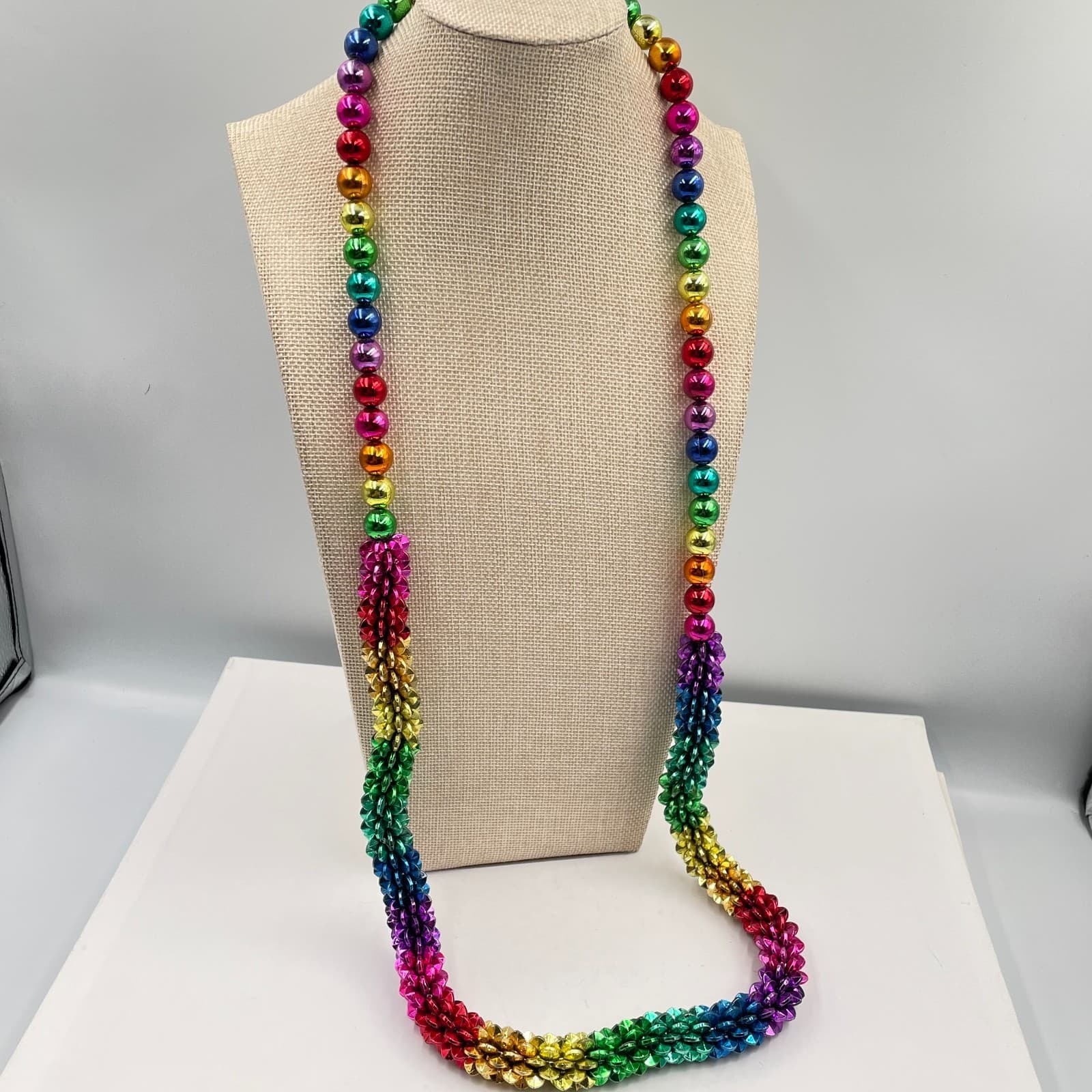 Vintage Multicolor Metallic Beaded Necklace Long Pride Mardi Gras Party Jewelry