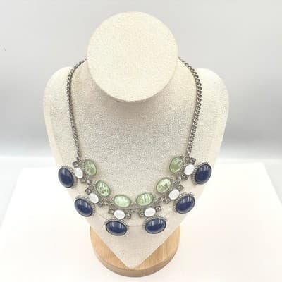 Necklace Vintage New York Silver Tone Blue Green White Cabochon Statement Bib