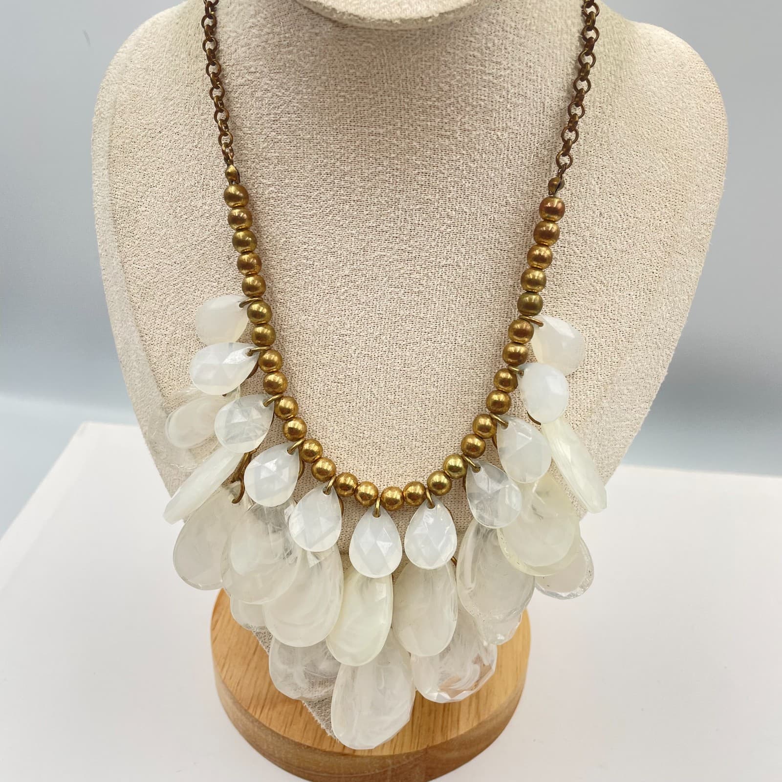 Vintage Boho White Milk Glass Teardrop Bib Necklace Antique Brass Tone Statement