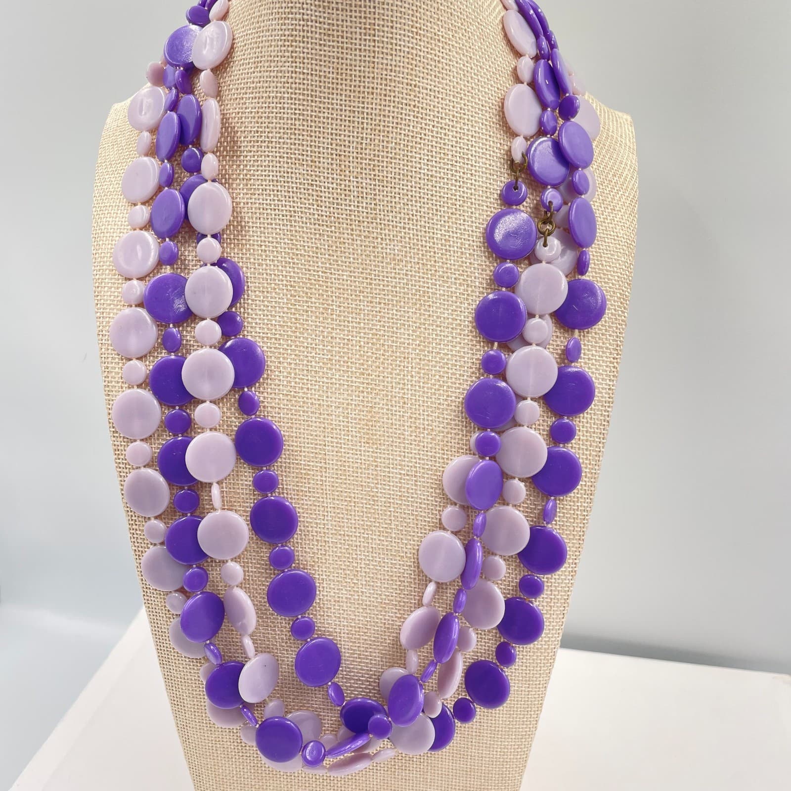 Vintage Purple Mod Multi Strand Necklace Disc Bead Layered Retro Plastic Art