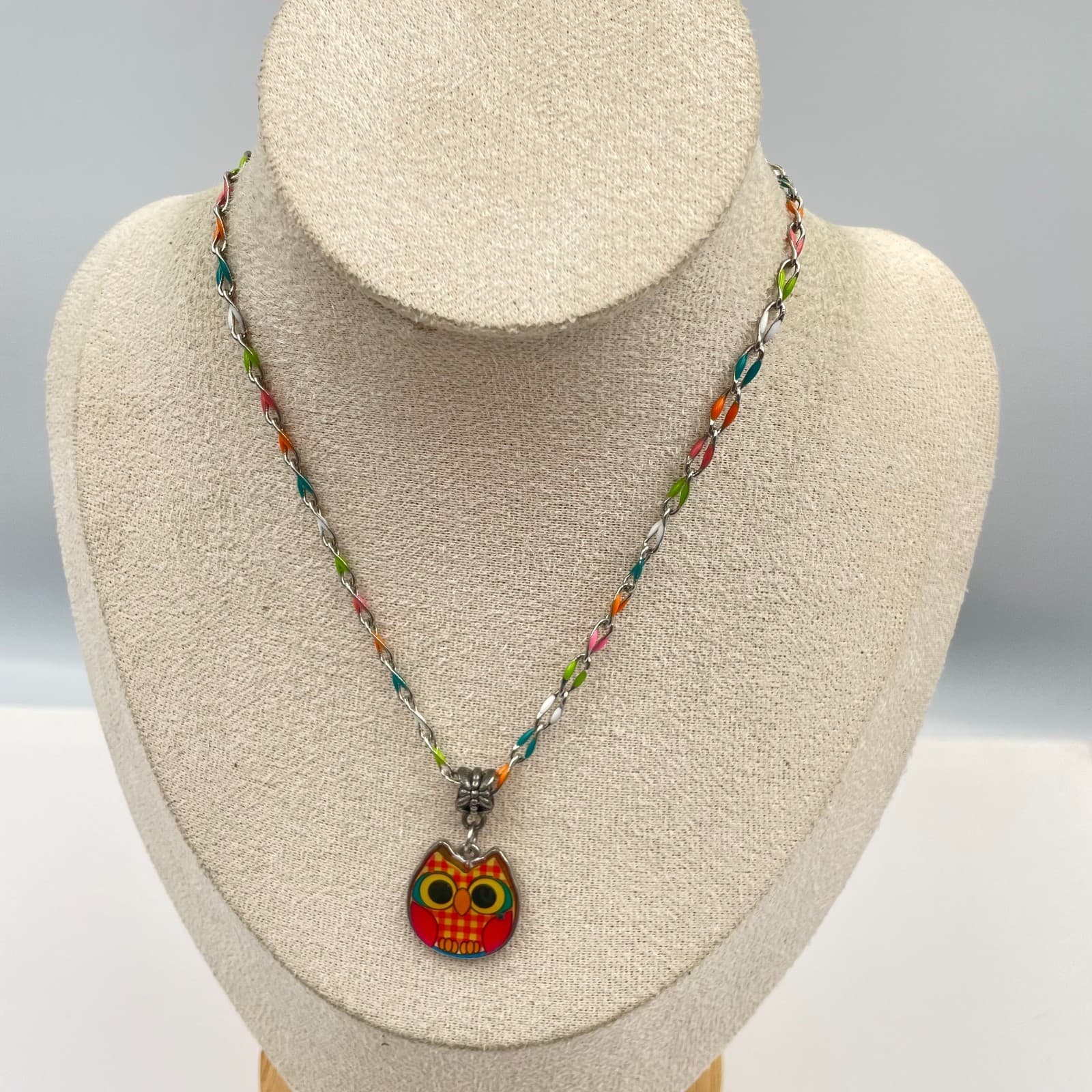 Vintage Colorful Owl Pendant Necklace Enamel Multi Chain Boho Whimsical Jewelry