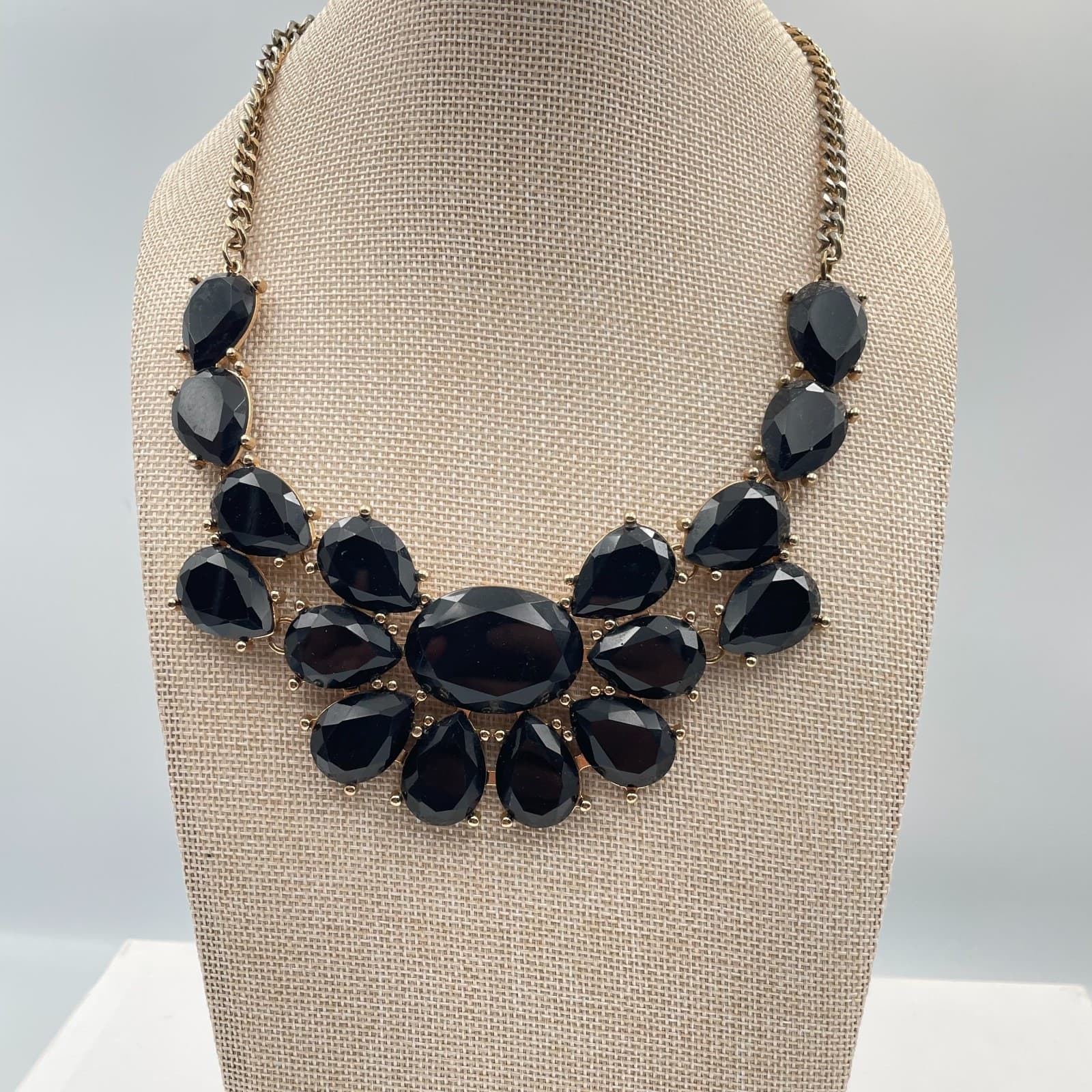 Vtg Statement Necklace Black Gold Tone Bib Fringe Chunky Teardrop Cluster Boho