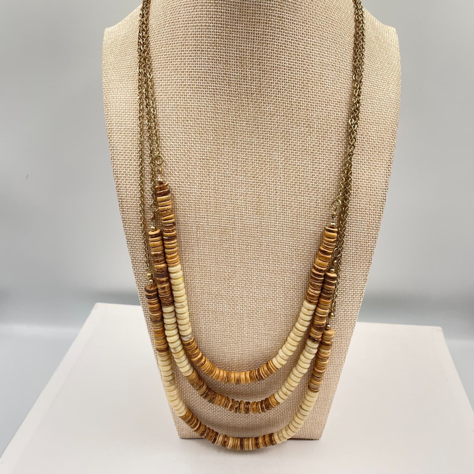 VTG Plunder Design Necklace Multi Strand Wood Bead Brass Chain Boho Statement