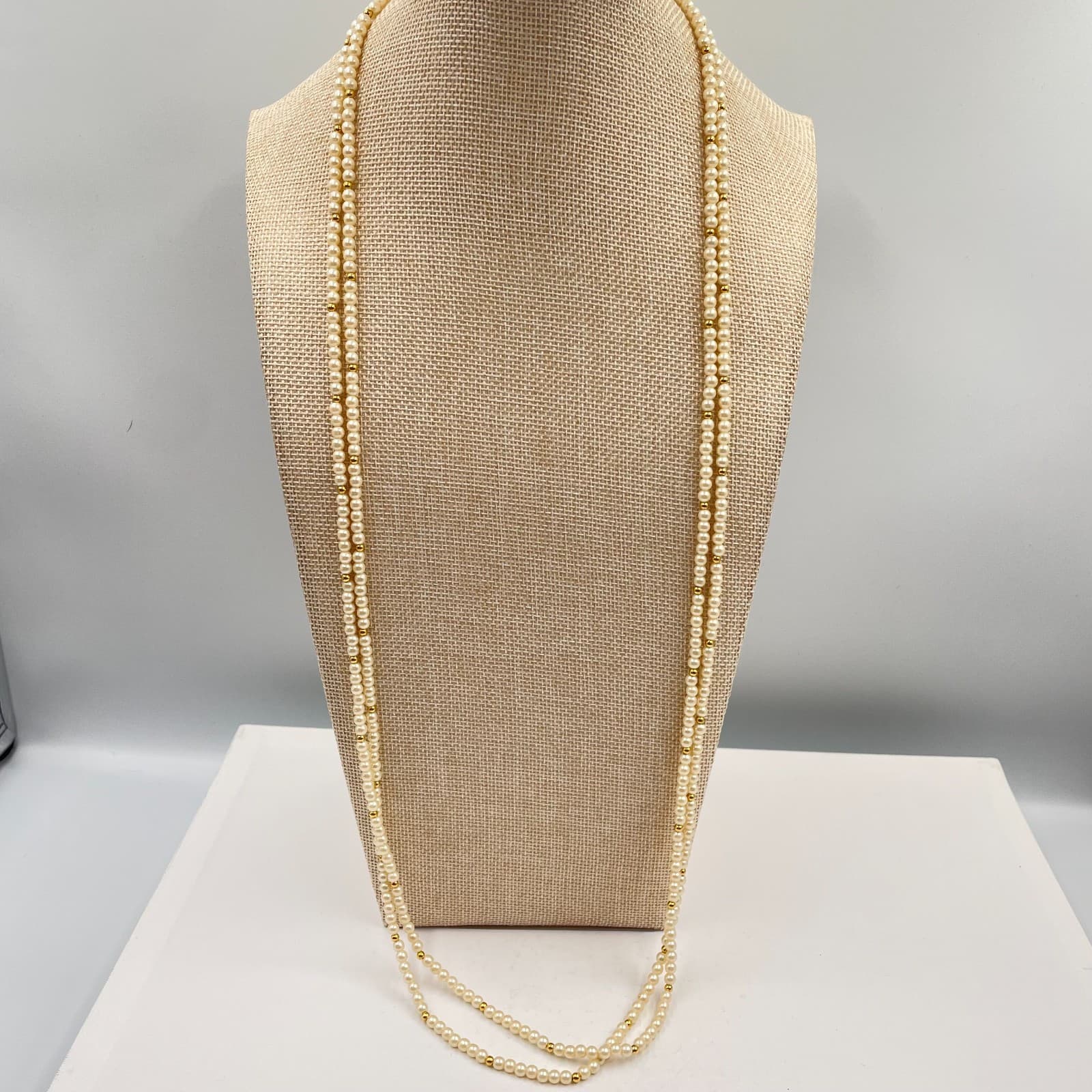 Vintage Long Faux Pearl Necklace Cream Gold Spacer Beads Double Layer Wrap 50"