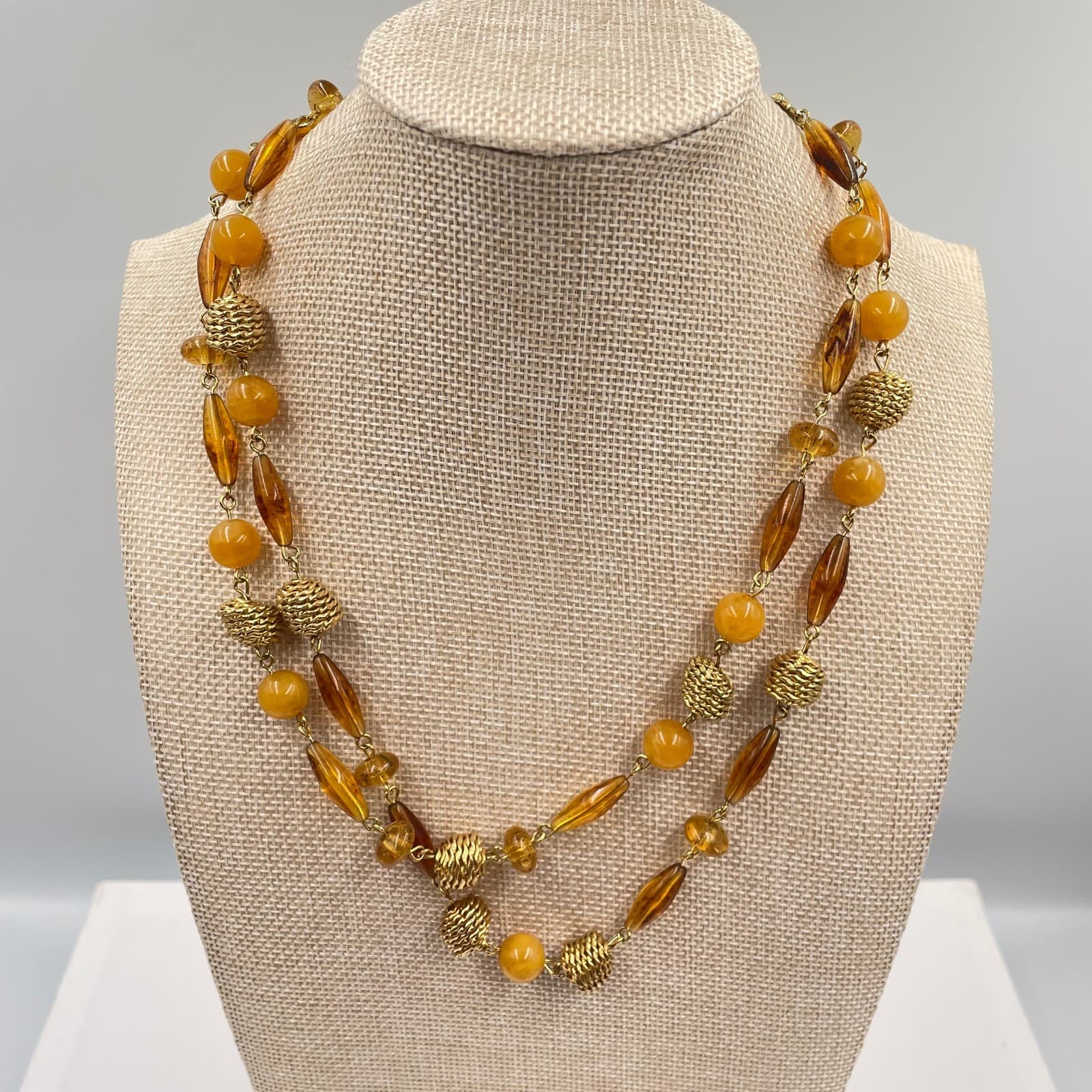 Vintage Amber Tone Bead Necklace Double Strand Gold Textured Metal Statement
