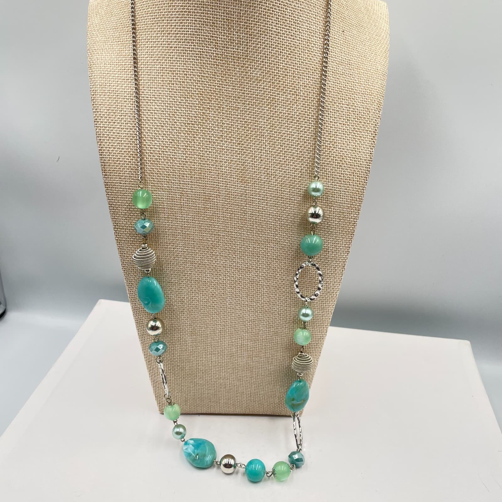Vintage Boho Long Beaded Necklace Teal Aqua Blue Silver Tone Textured Statement