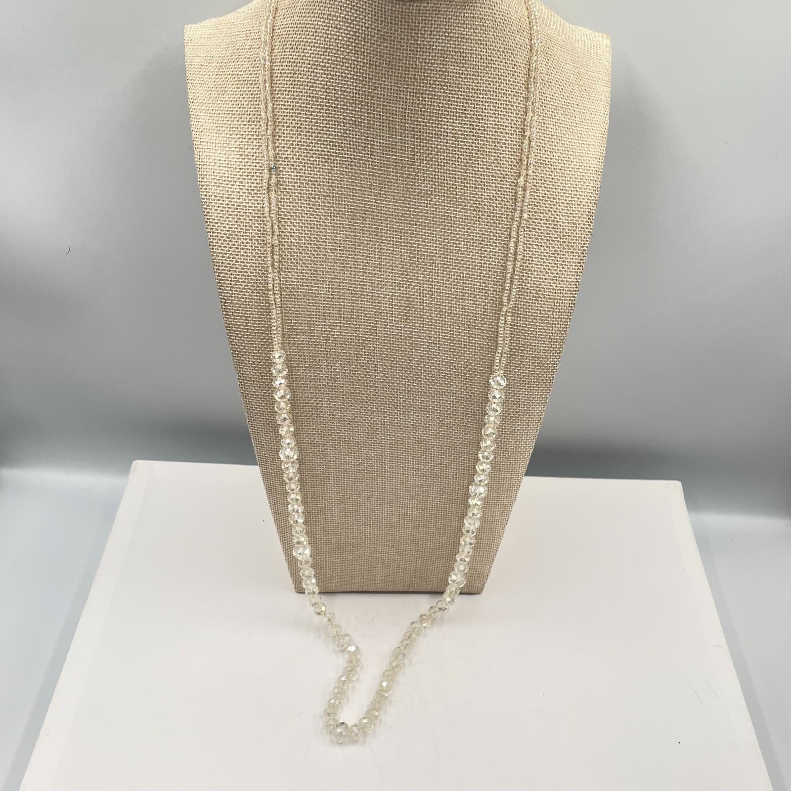 Vintage Long Clear Crystal Bead Necklace Faceted Glass Opera Aurora Borealis