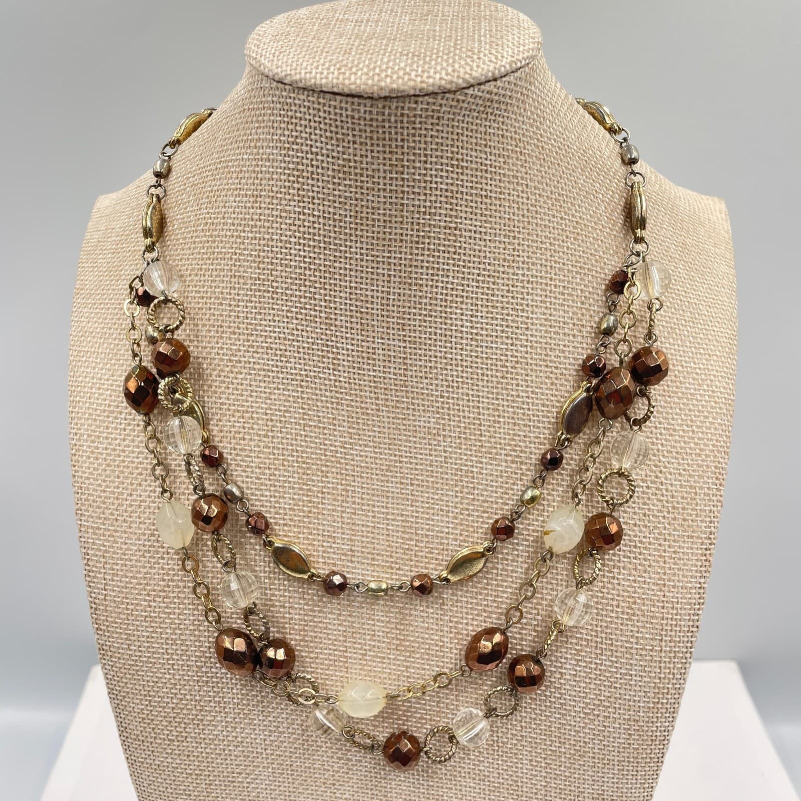 VTG Multi Strand Layered Statement Necklace Bronze Gold Tone Beaded Cluster 20"