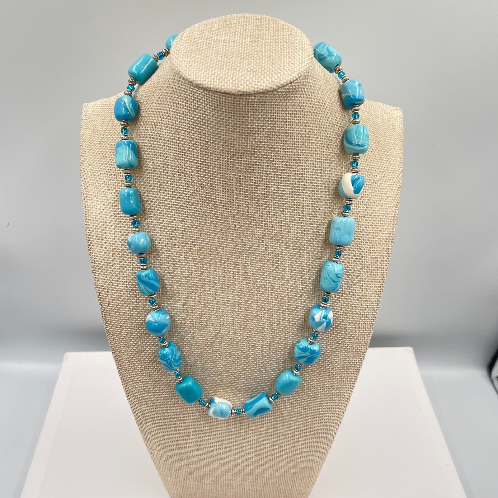 VTG Blue Swirl Polymer Clay Bead Necklace Boho Artisan Silver Spacer Handmade