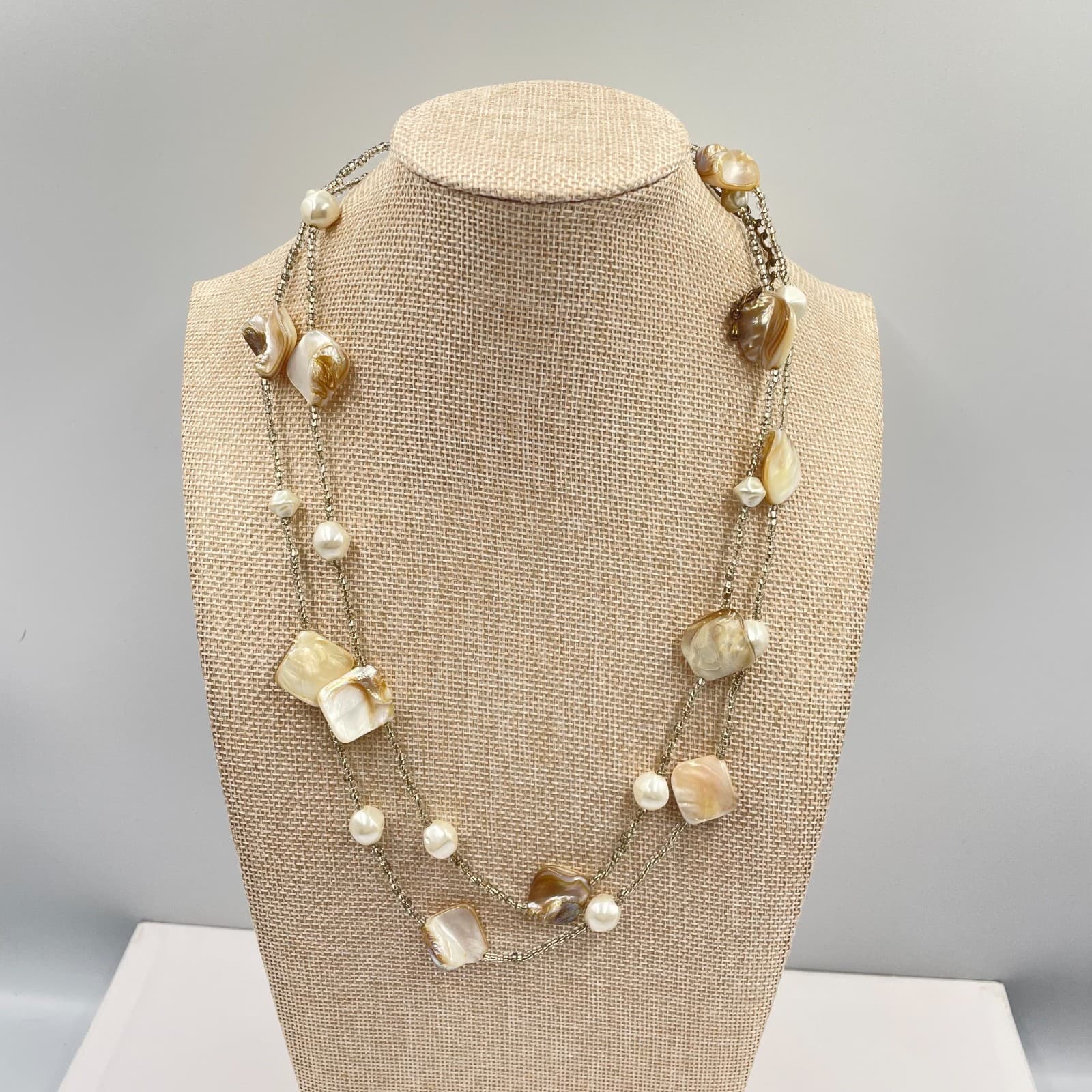 Vintage Mother of Pearl Shell Pearl Double Strand Layered Necklace Boho Cream