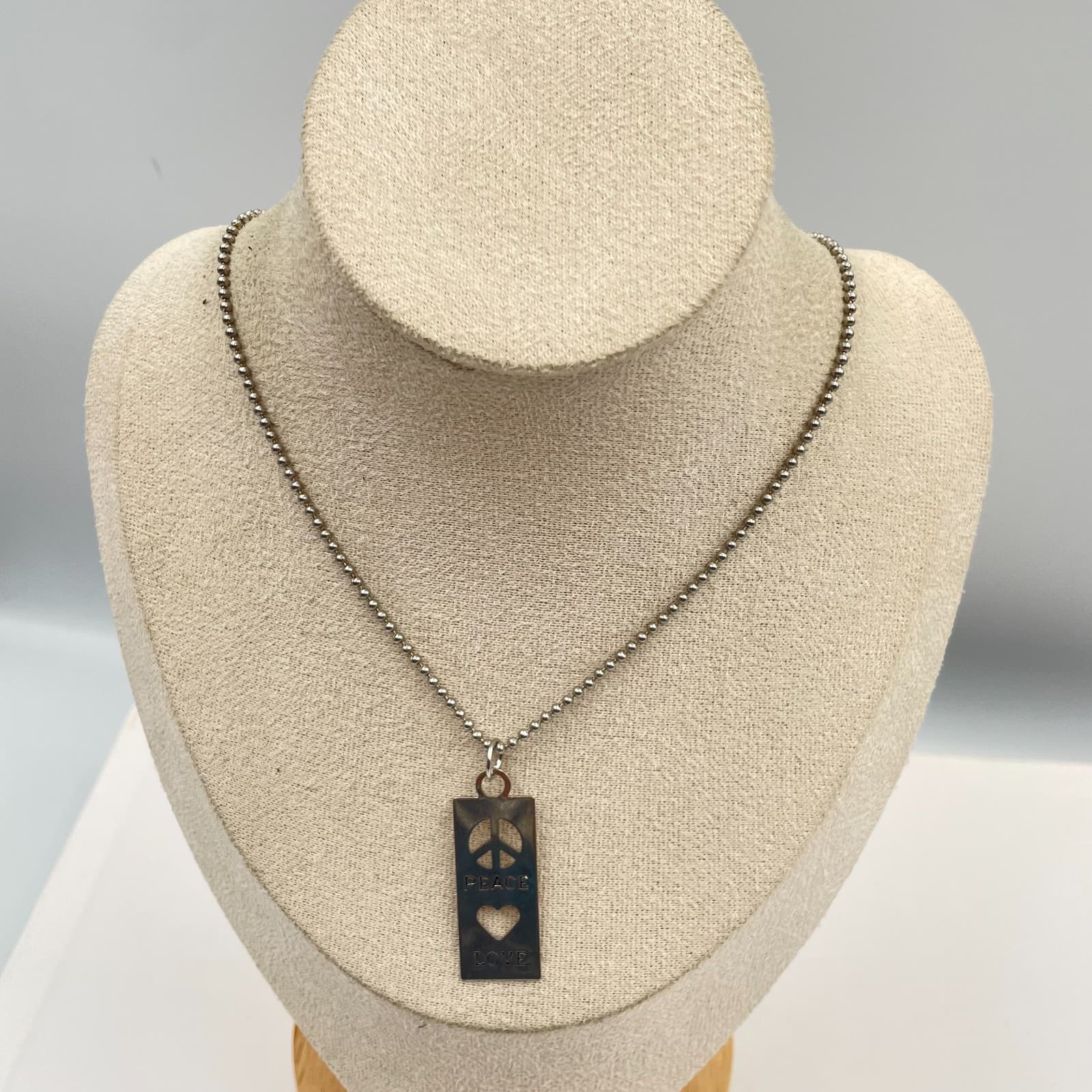 Vintage Peace Love Necklace Silver Tone Ball Bead Chain Rectangular Pendant