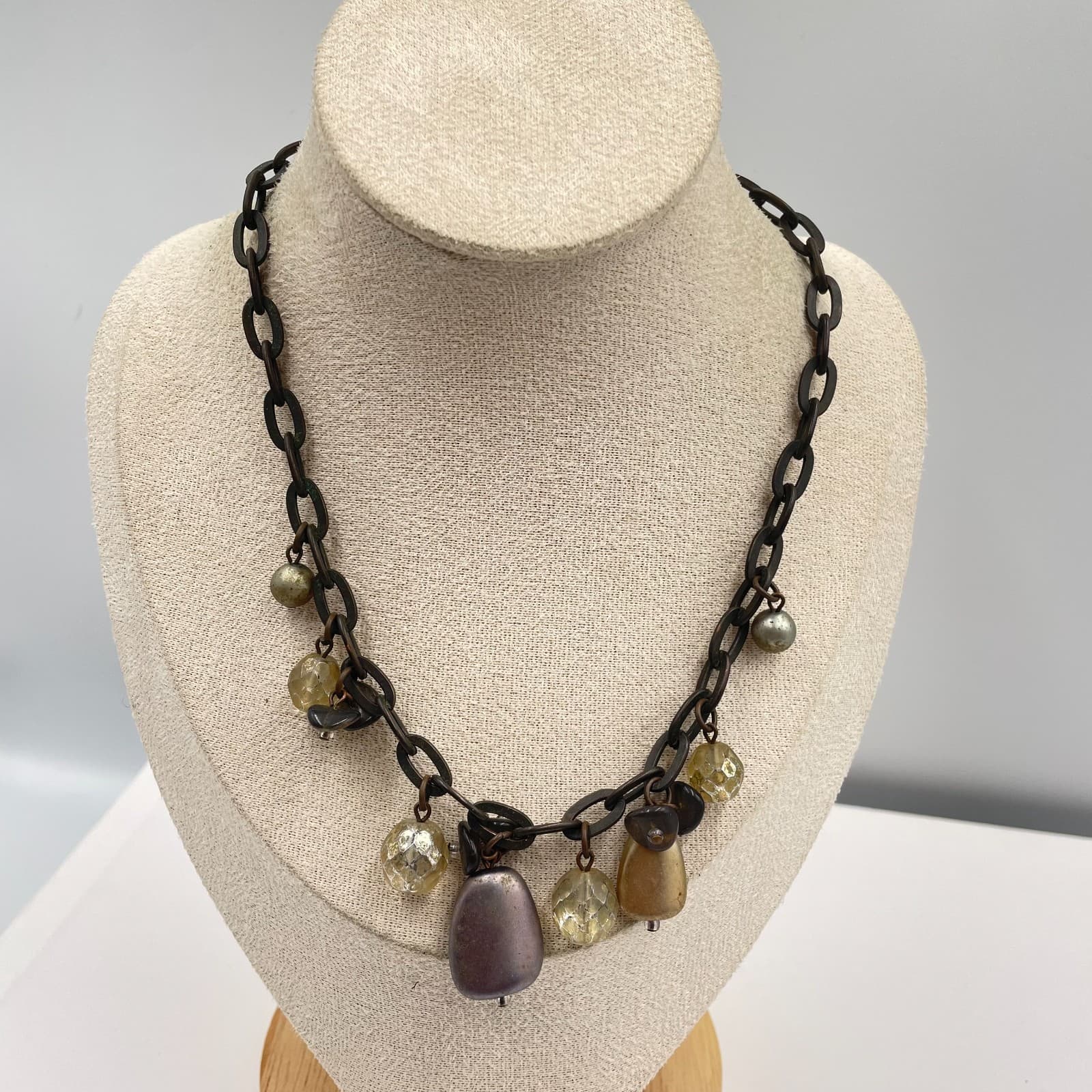 Vintage Mixed Media Charm Necklace Bronze Tone Chain Faceted Glass Resin Chunky