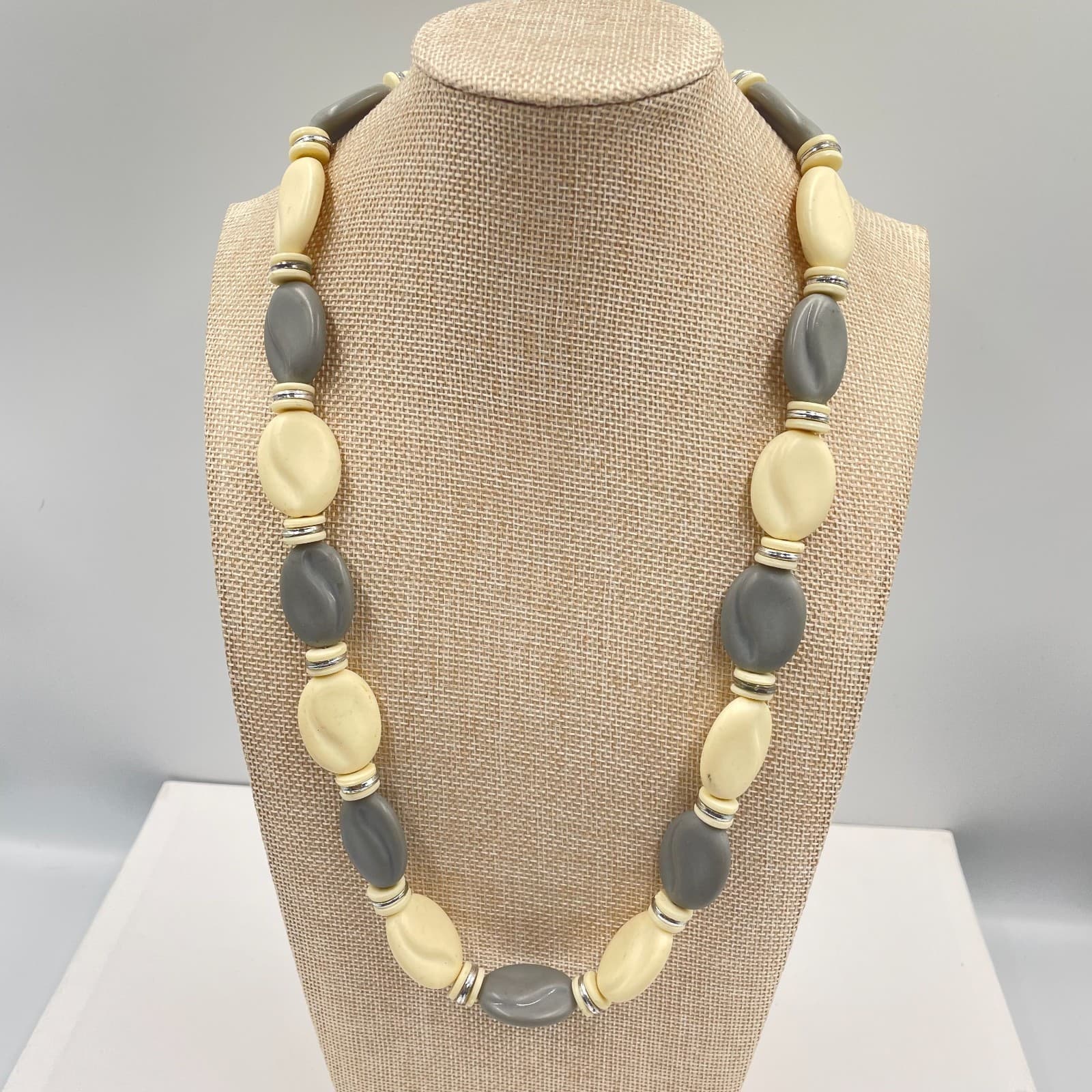 Vintage Chunky Resin Bead Necklace Grey Cream Gray Mod MCM Statement Jewelry 24"