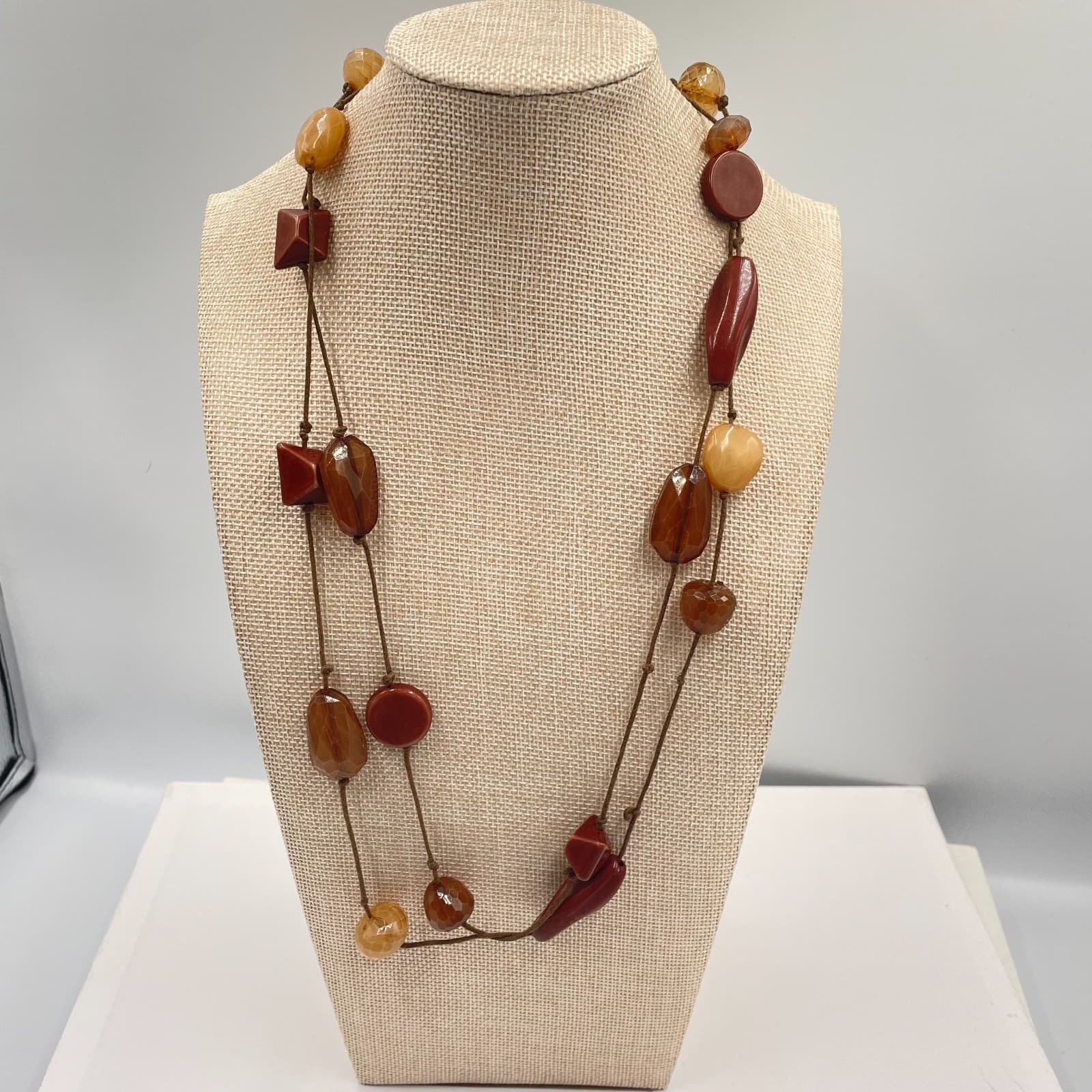 Vintage Chunky Boho Statement Necklace Multi Strand Earth Tone Resin Beads 24"
