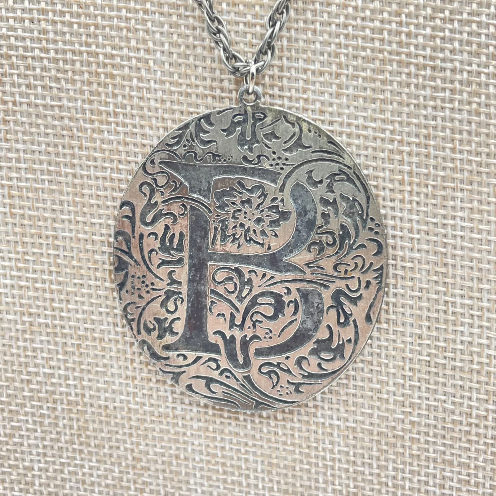 Vintage Silver Tone Initial B Pendant Necklace Large Round Filigree Scroll Boho