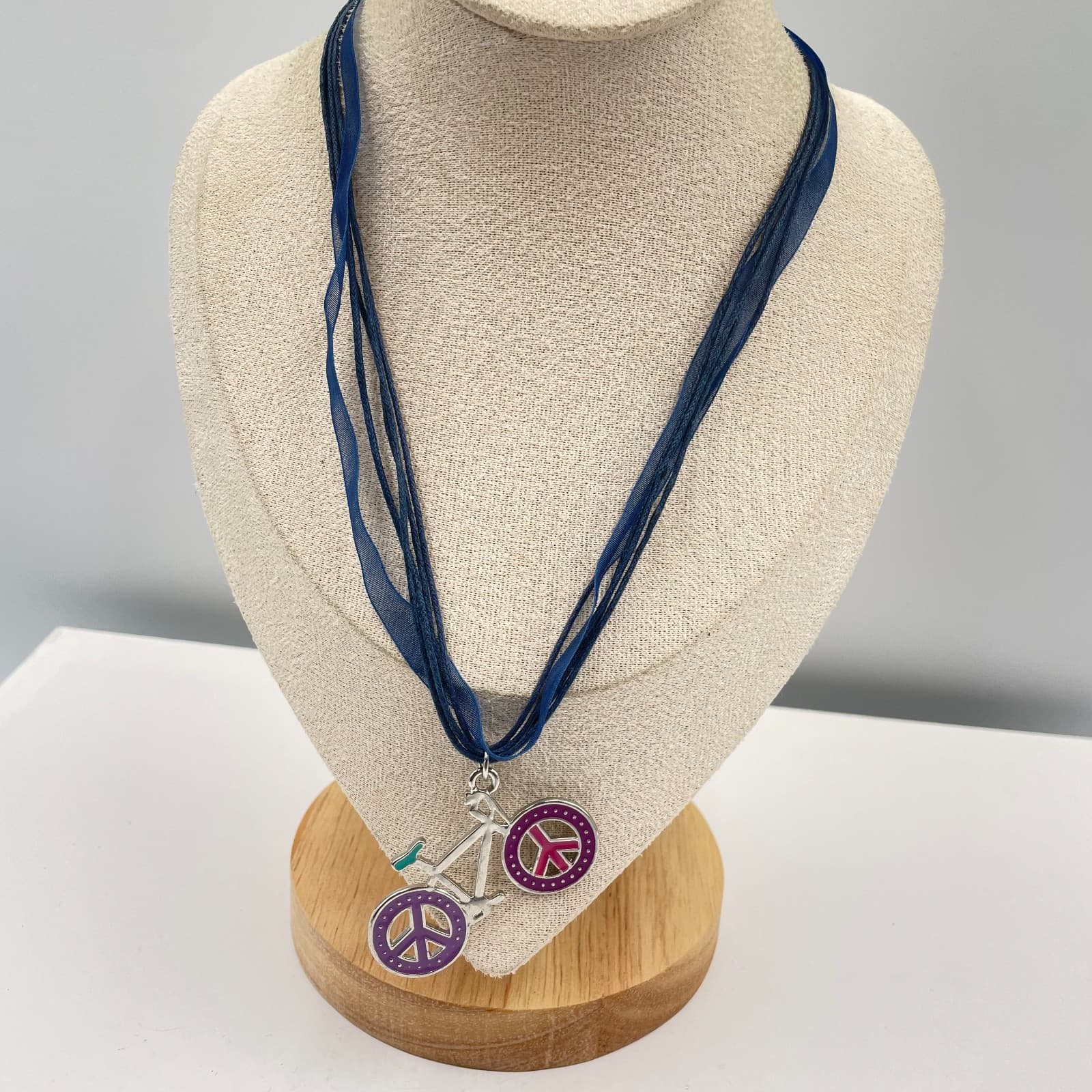 Vintage Peace Sign Bicycle Pendant Necklace Blue Ribbon Cord Multi Strand Boho