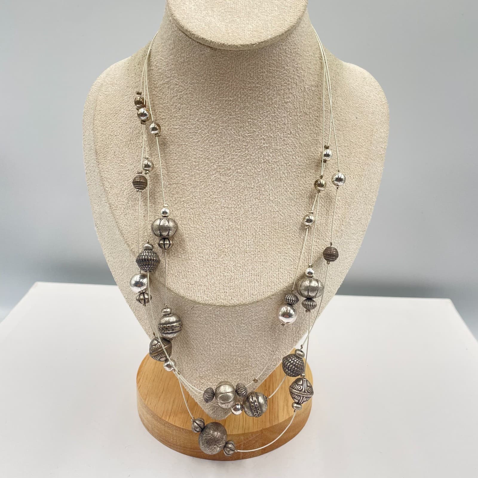 VTG Coldwater Creek Silver Tone Multi Strand Illusion Necklace Metal Boho Beads
