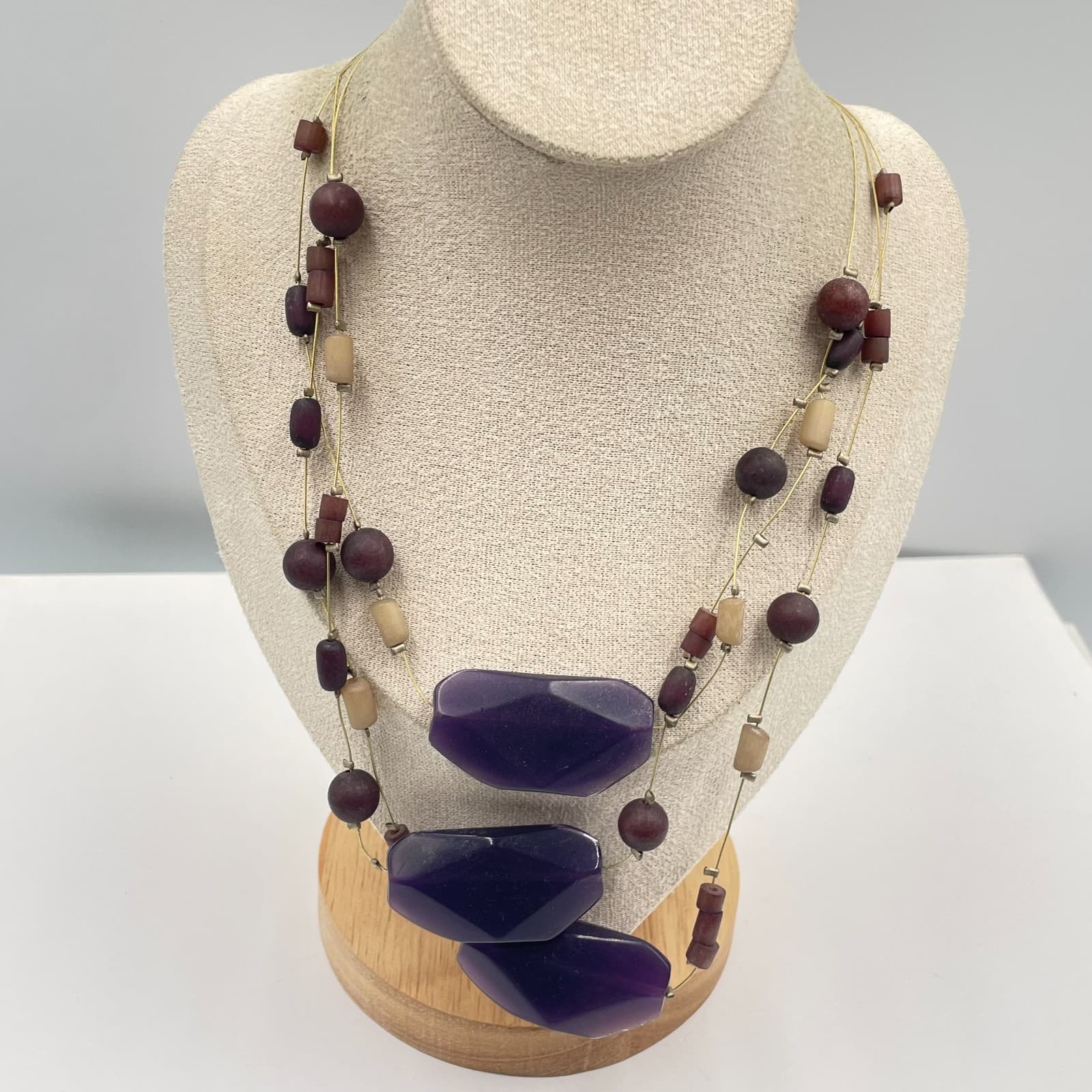 Chico's Multi-Strand Statement Necklace Purple Faceted Stone Bead Silver Tone