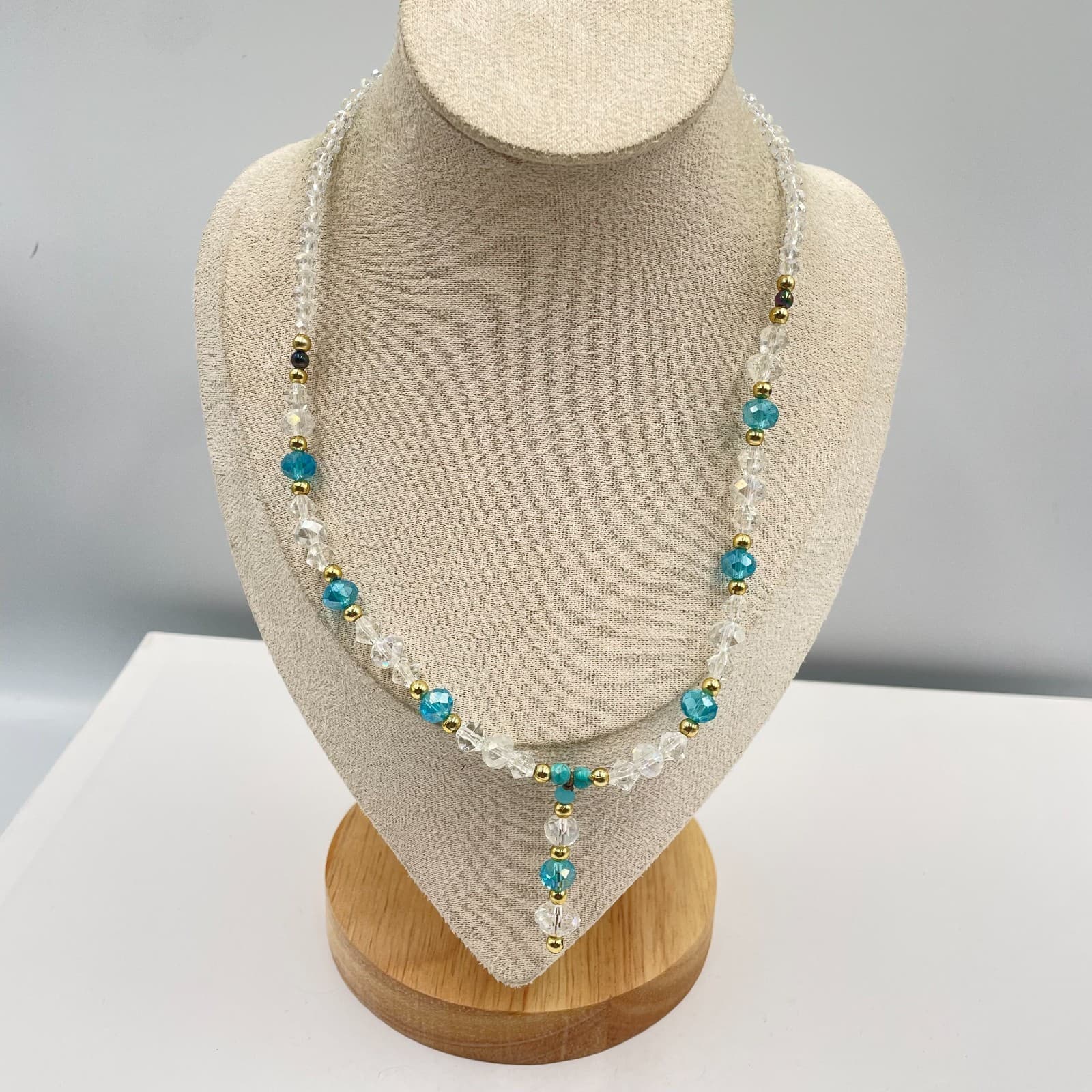 Vintage Beaded Crystal Necklace Blue Turquoise Accents Gold Tone Y-Drop Pendant