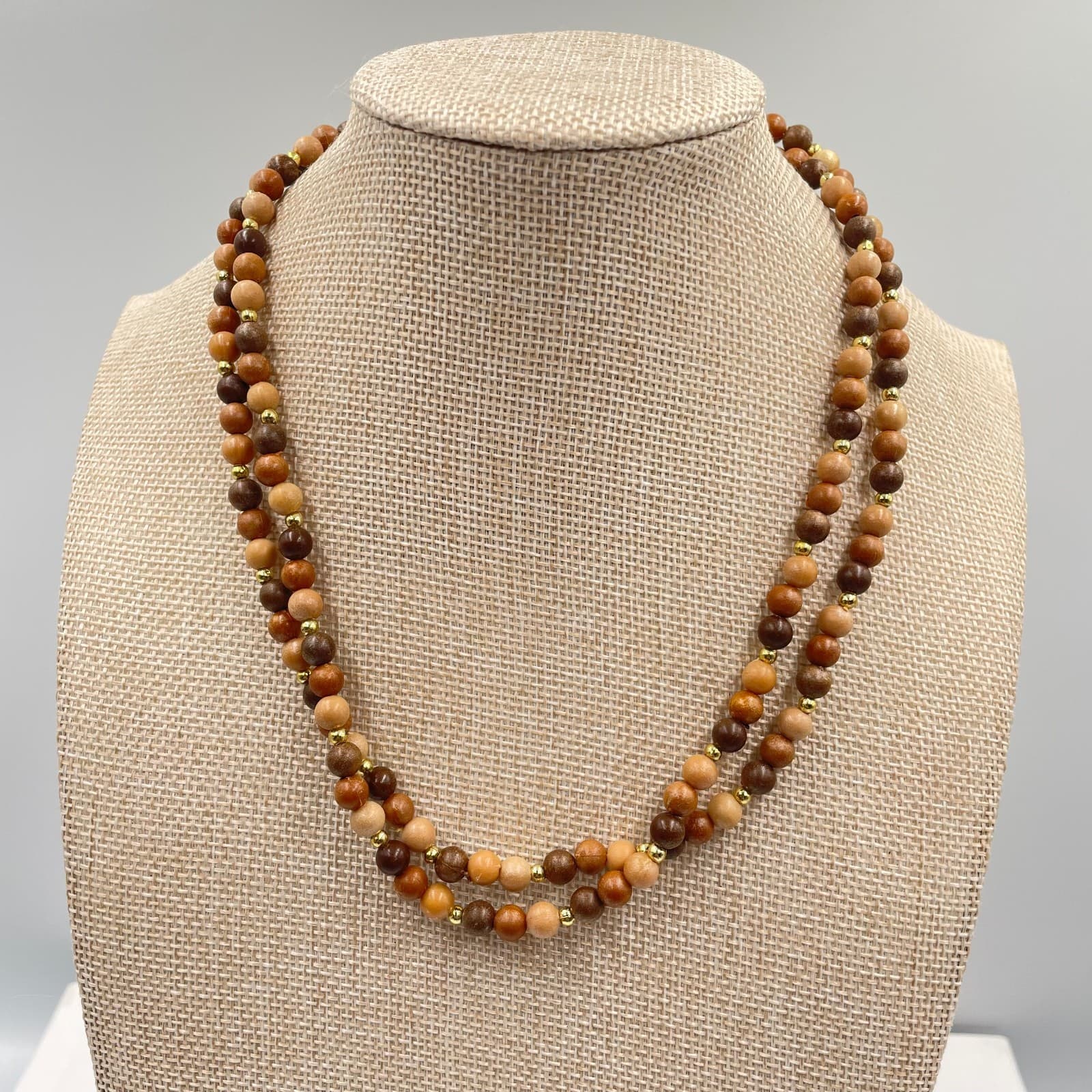 VTG Long Wood Bead Necklace Earthy Brown Neutral Layering Boho Rope Beads