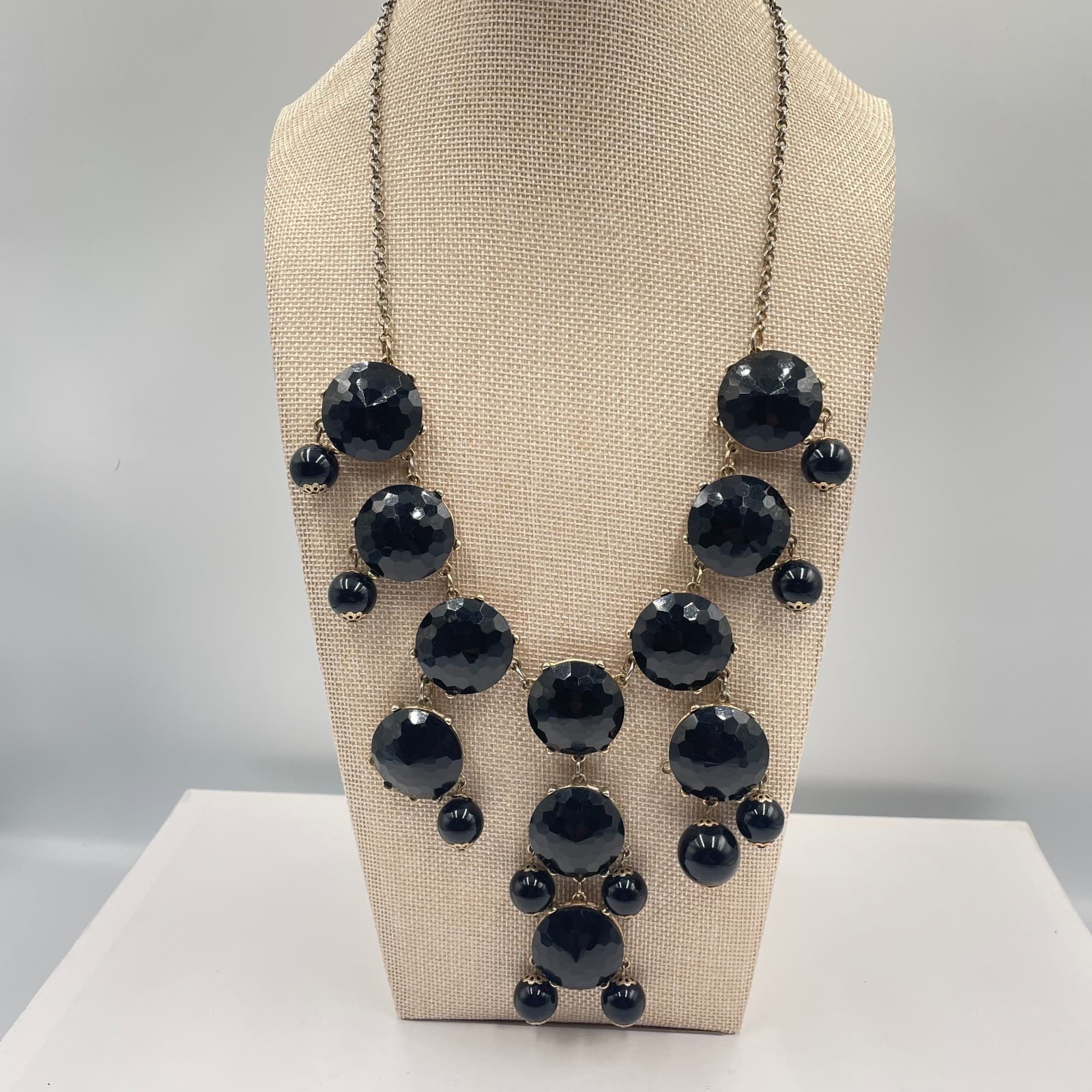 Vintage Black Faceted Statement Necklace Gold Tone Bib Chunky Drop Collar Beads