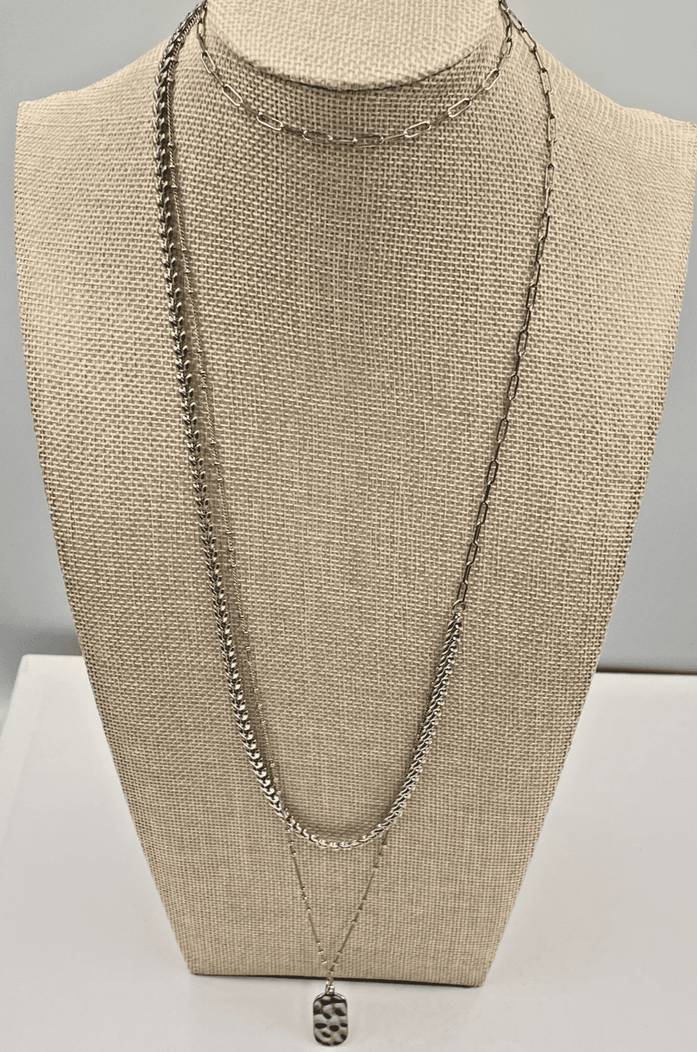VTG Silver Multi Layer Necklace Link Chain Hammered Pendant Tag Statement Boho