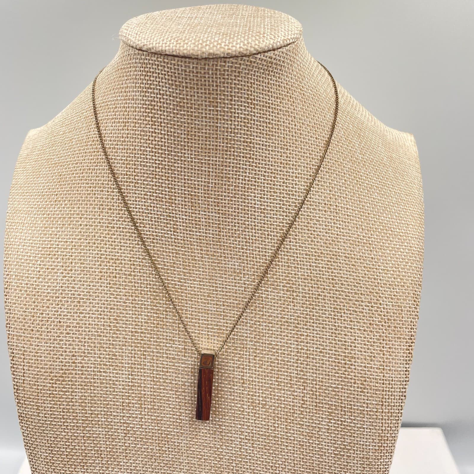 Vintage MCM Hand Carved Exotic Wood Bar Pendant Necklace Minimalist Jewelry